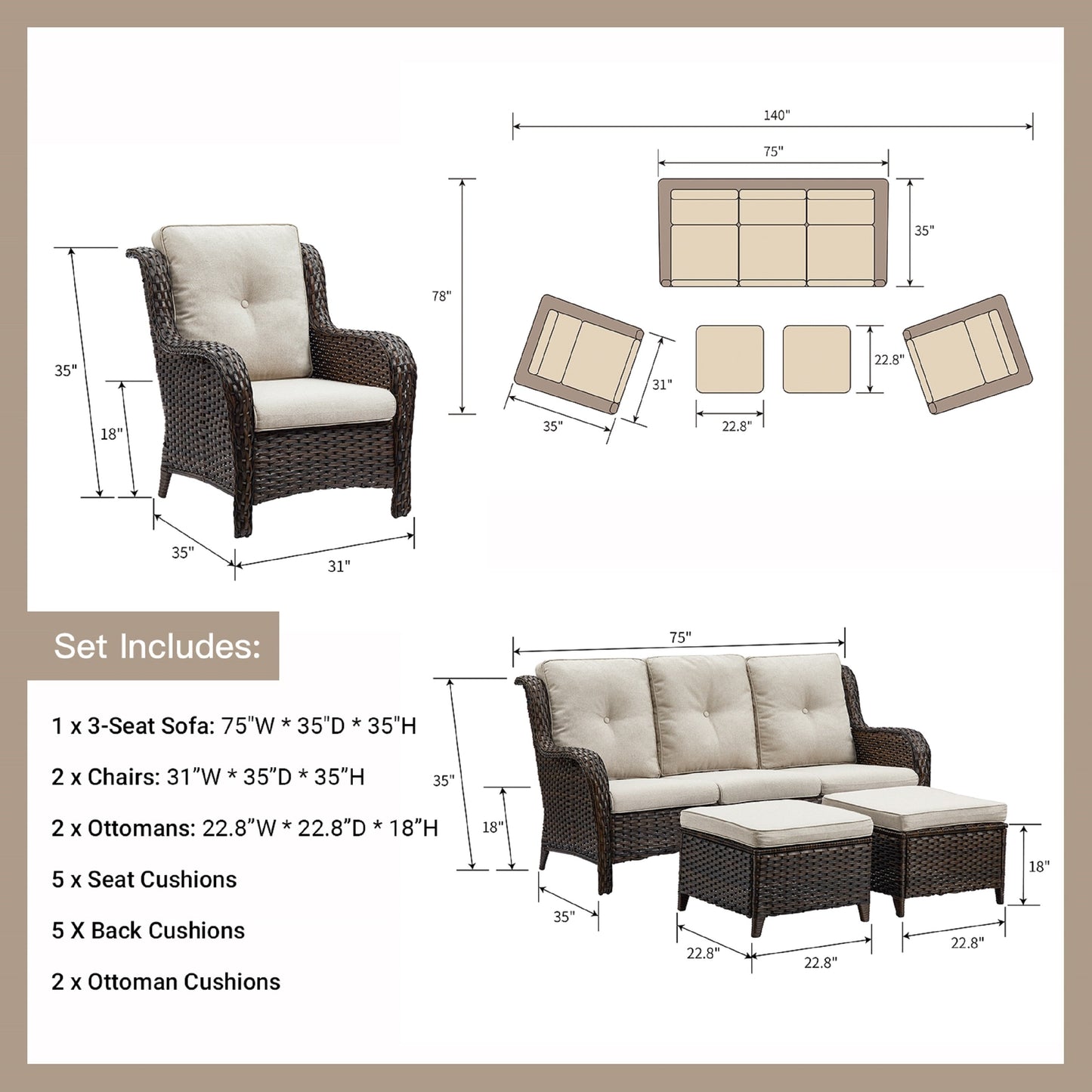 Pocassy 5-Piece Patio Furniture Set with Ottomans