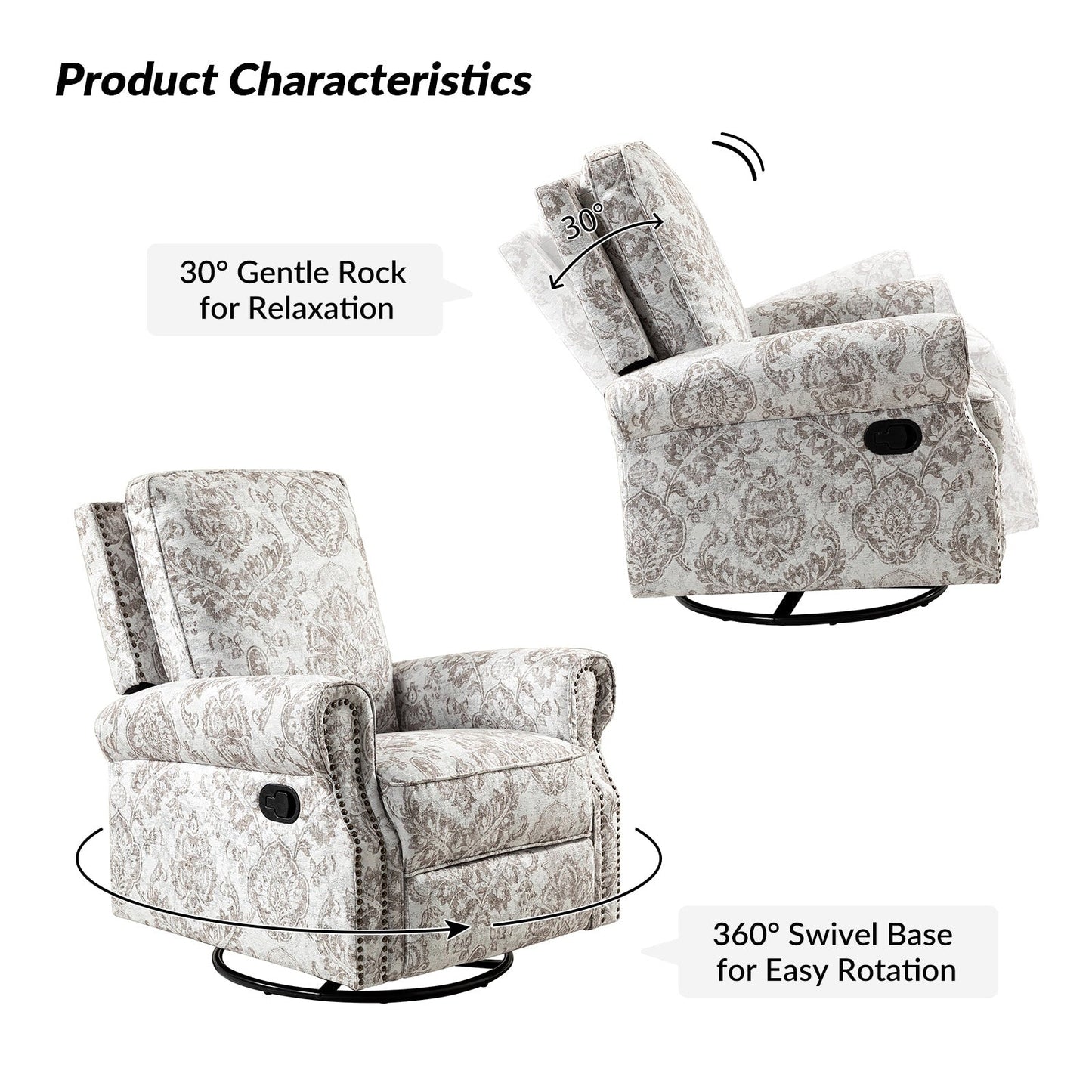 Roderich Farmhouse Floral Print Swivel Rocker Recliner with Rolled Arms by HULALA HOME