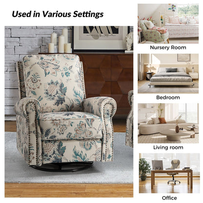 Roderich Farmhouse Floral Print Swivel Rocker Recliner with Rolled Arms by HULALA HOME