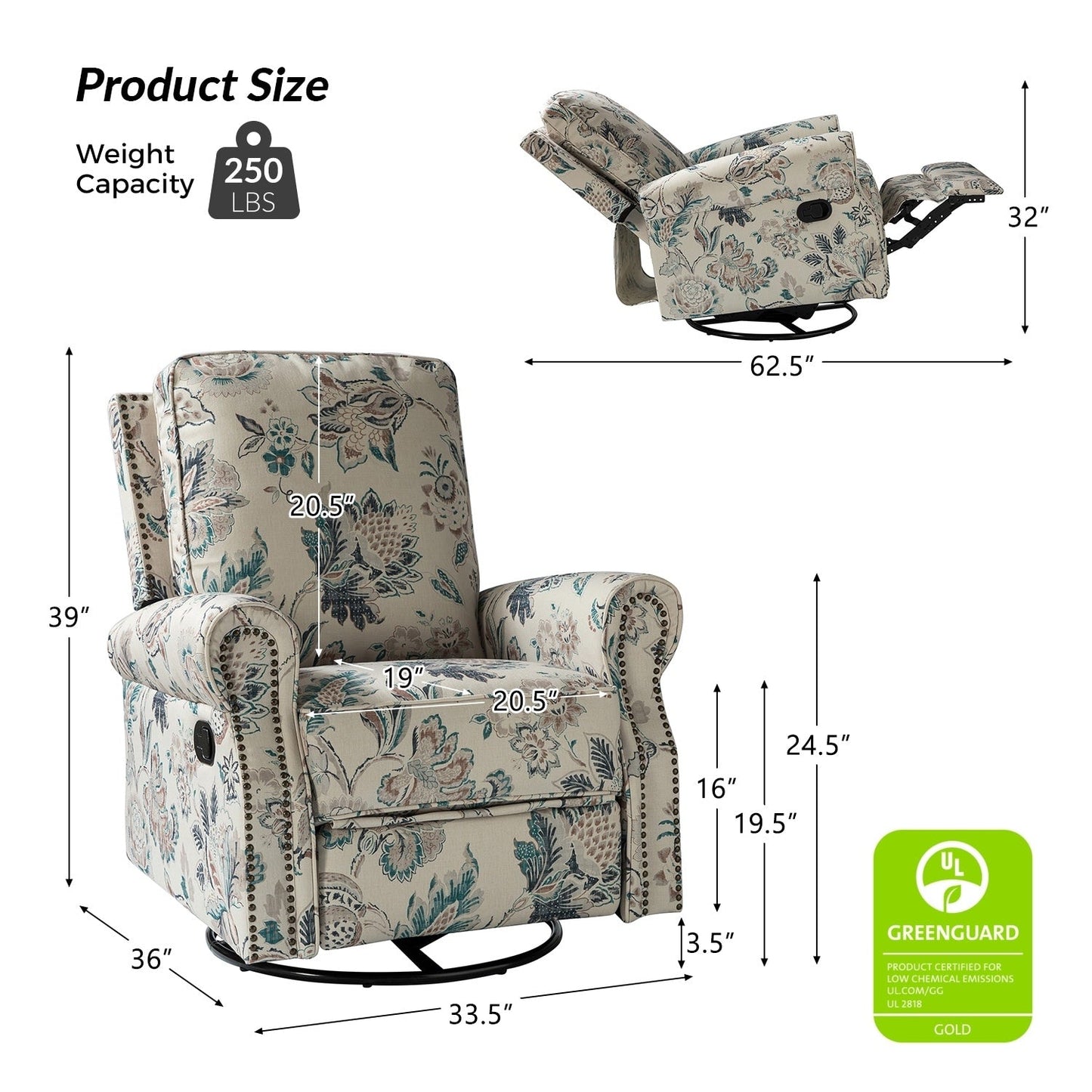 Roderich Farmhouse Floral Print Swivel Rocker Recliner with Rolled Arms Set of 2 by HULALA HOME