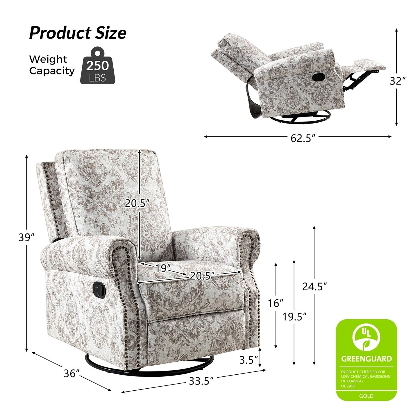 Roderich Farmhouse Floral Print Swivel Rocker Recliner with Rolled Arms by HULALA HOME