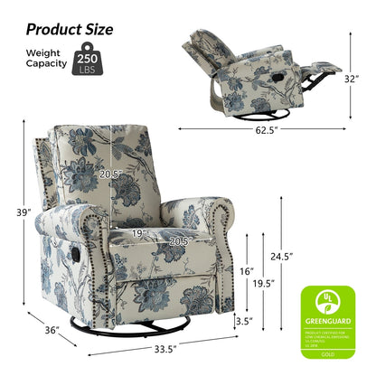 Roderich Farmhouse Floral Print Swivel Rocker Recliner with Rolled Arms by HULALA HOME