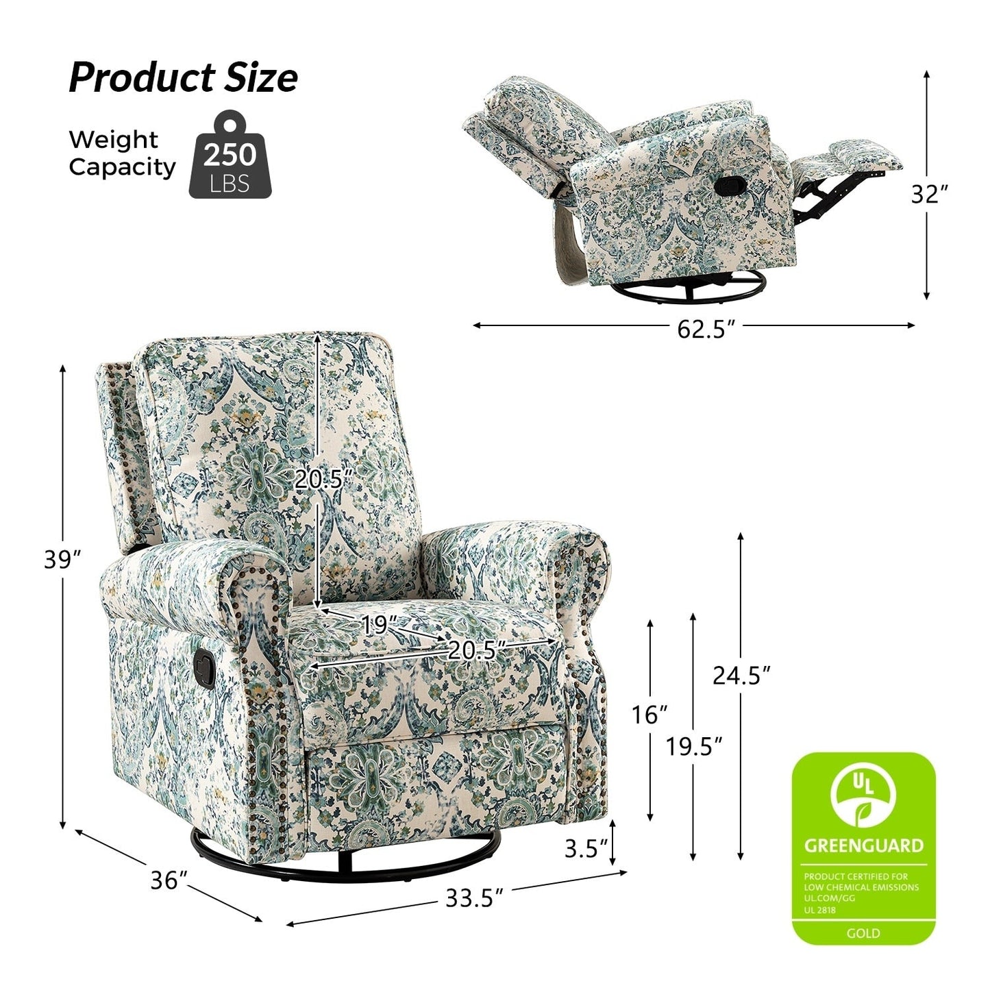 Roderich Farmhouse Floral Print Swivel Rocker Recliner with Rolled Arms by HULALA HOME