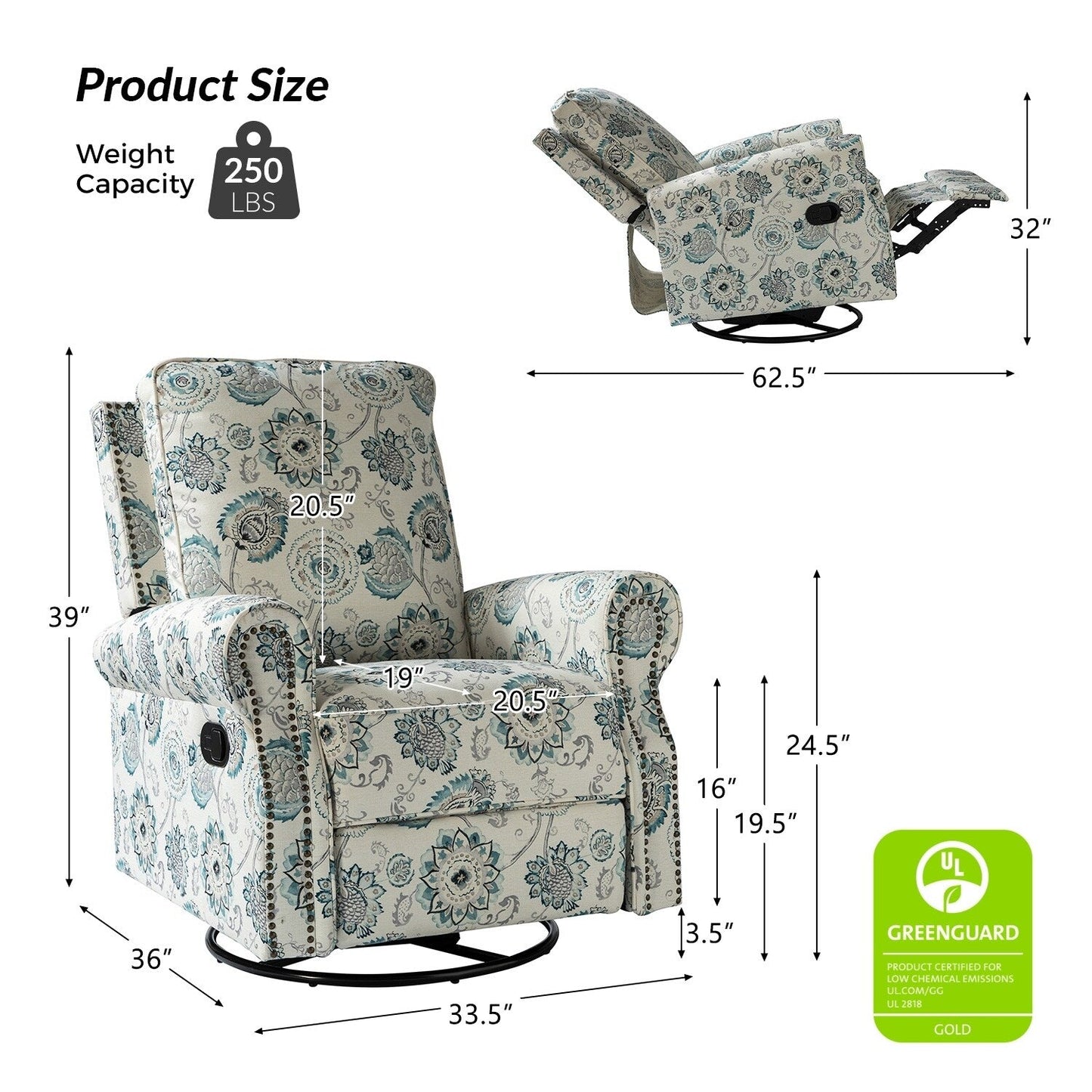 Roderich Farmhouse Floral Print Swivel Rocker Recliner with Rolled Arms by HULALA HOME