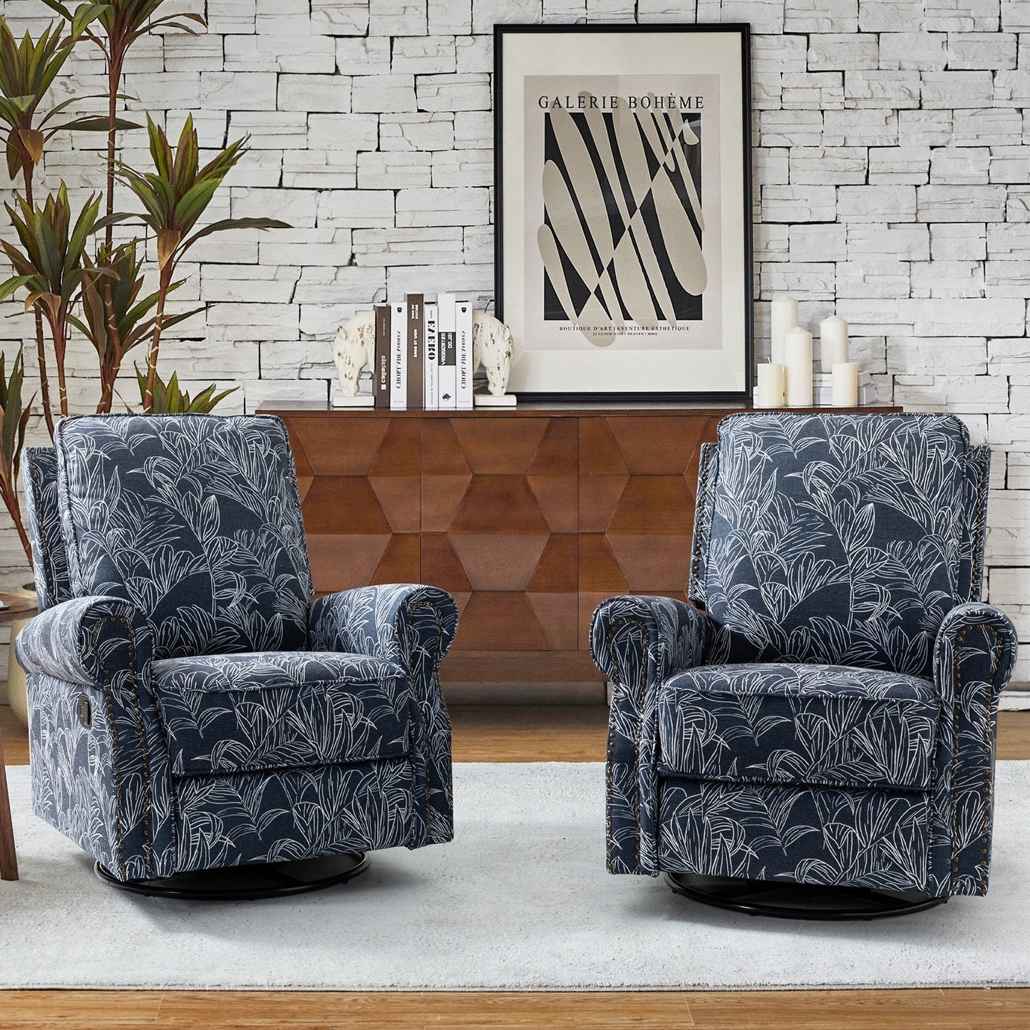 Roderich Farmhouse Floral Print Swivel Rocker Recliner with Rolled Arms Set of 2 by HULALA HOME