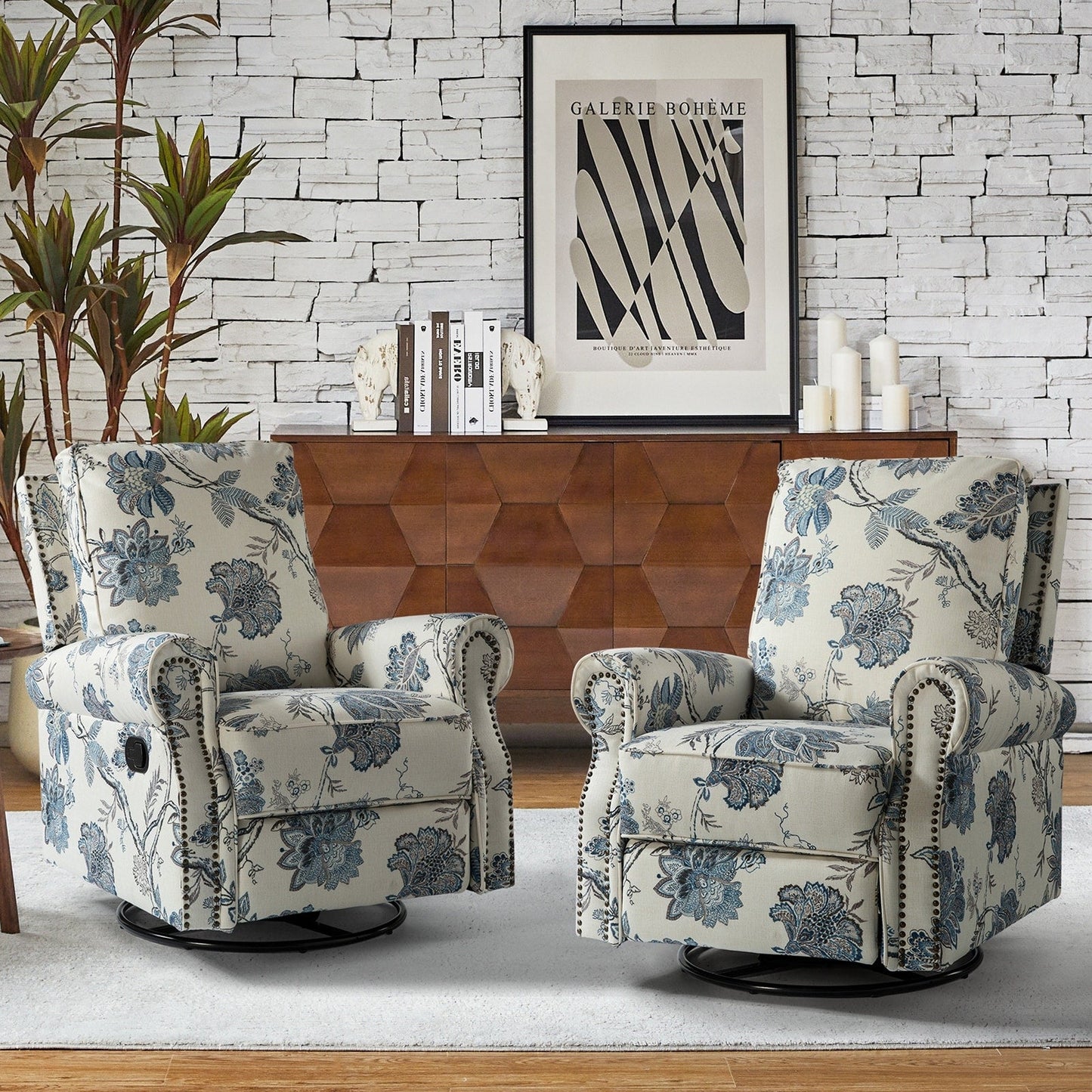 Roderich Farmhouse Floral Print Swivel Rocker Recliner with Rolled Arms Set of 2 by HULALA HOME