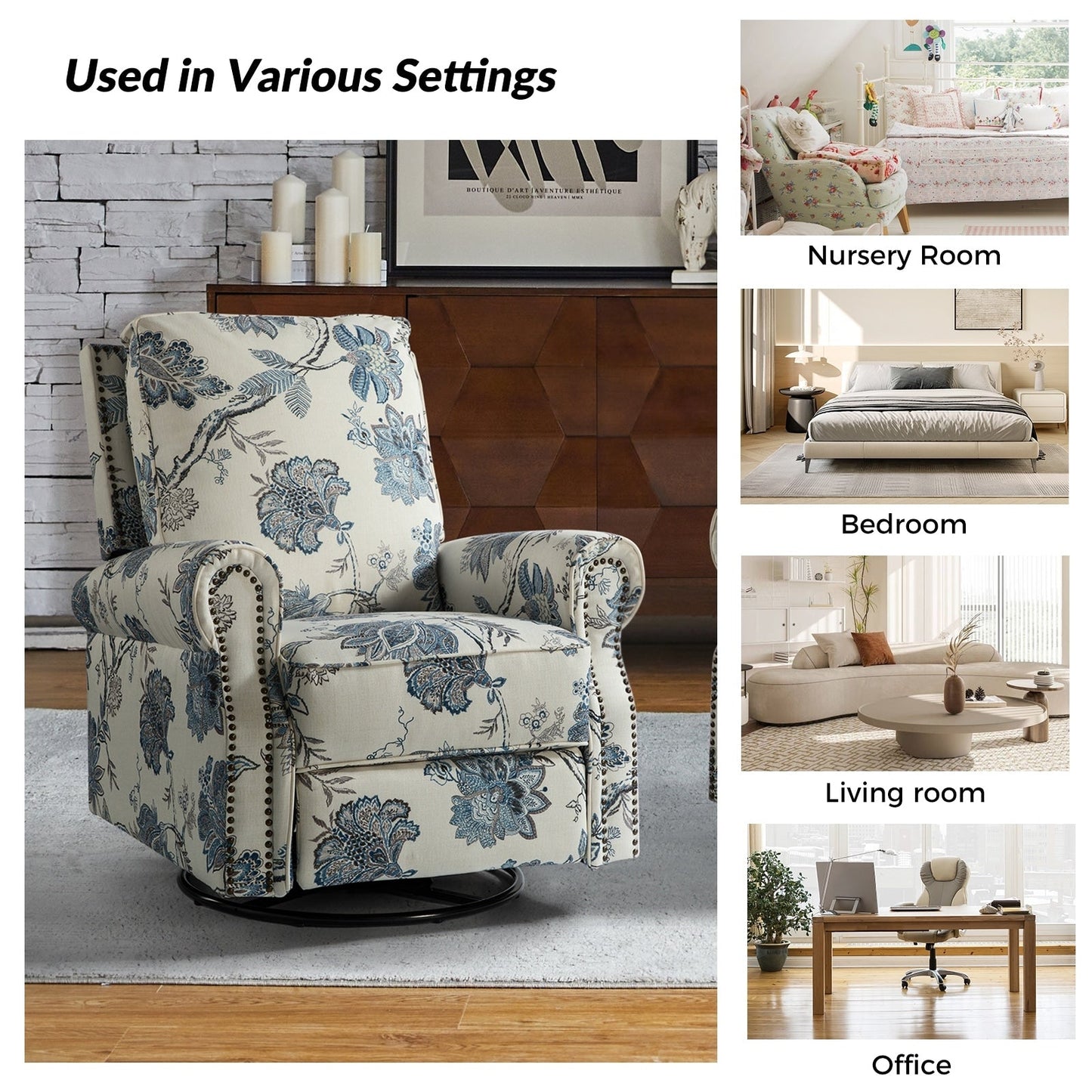 Roderich Farmhouse Floral Print Swivel Rocker Recliner with Rolled Arms Set of 2 by HULALA HOME