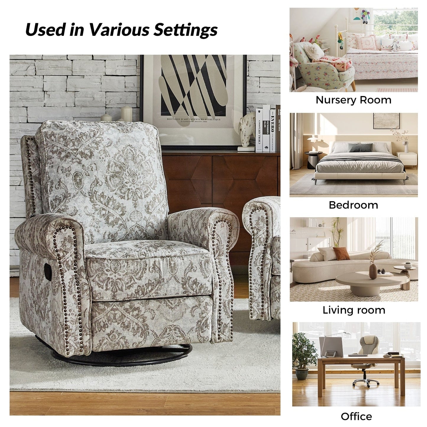 Roderich Farmhouse Floral Print Swivel Rocker Recliner with Rolled Arms Set of 2 by HULALA HOME