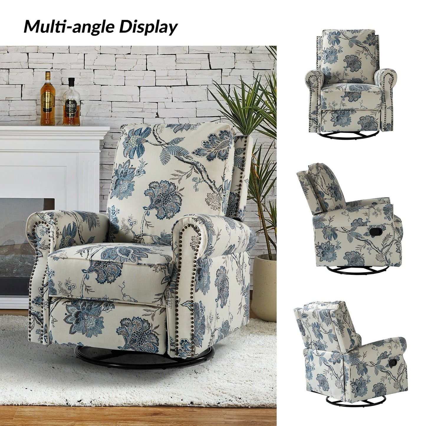 Roderich Farmhouse Floral Print Swivel Rocker Recliner with Rolled Arms Set of 2 by HULALA HOME