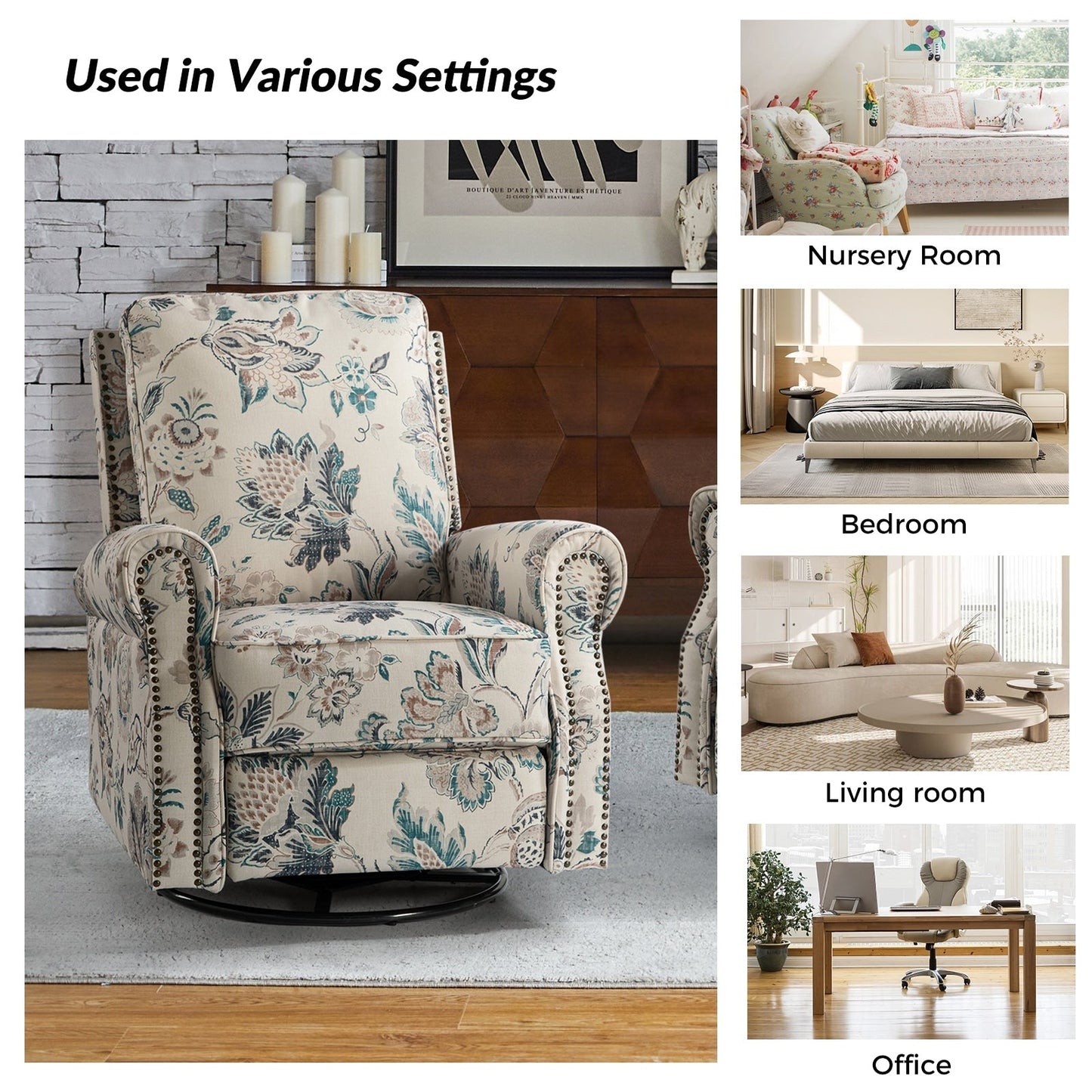 Roderich Farmhouse Floral Print Swivel Rocker Recliner with Rolled Arms Set of 2 by HULALA HOME