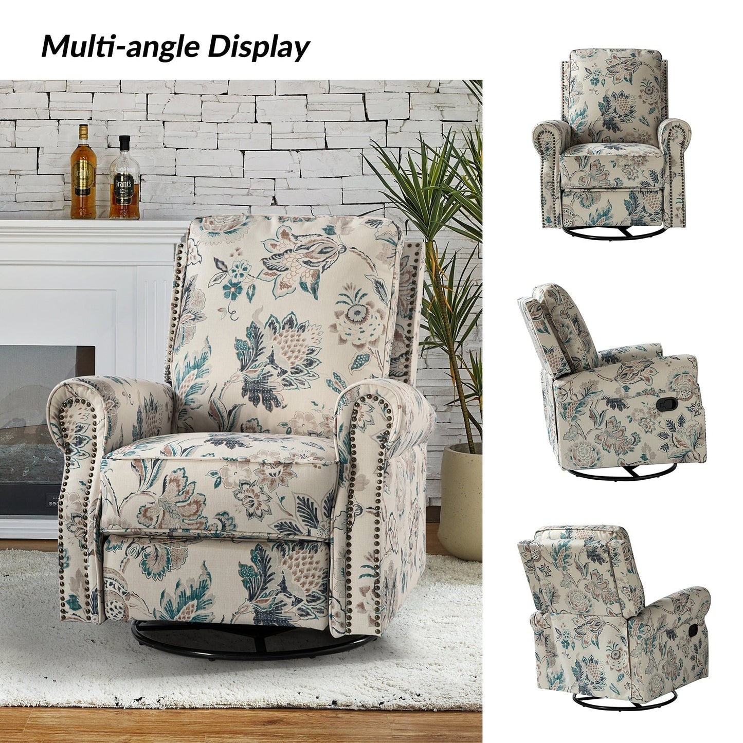 Roderich Farmhouse Floral Print Swivel Rocker Recliner with Rolled Arms Set of 2 by HULALA HOME