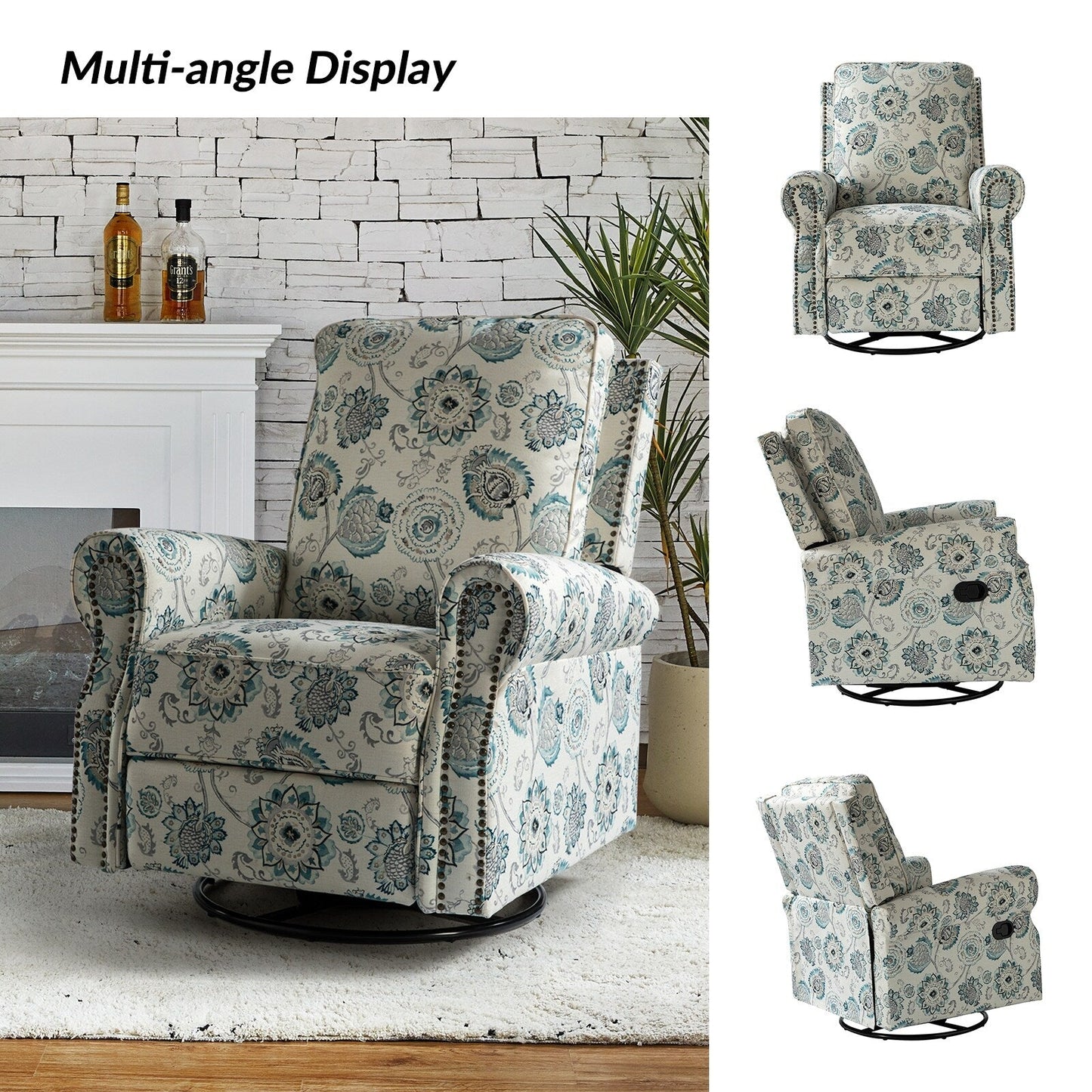 Roderich Farmhouse Floral Print Swivel Rocker Recliner with Rolled Arms Set of 2 by HULALA HOME