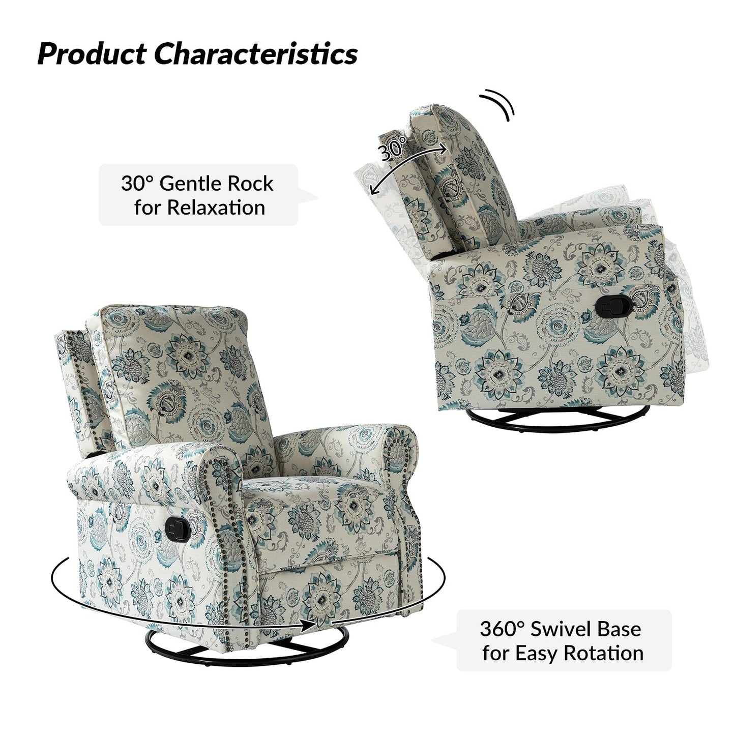 Roderich Farmhouse Floral Print Swivel Rocker Recliner with Rolled Arms Set of 2 by HULALA HOME