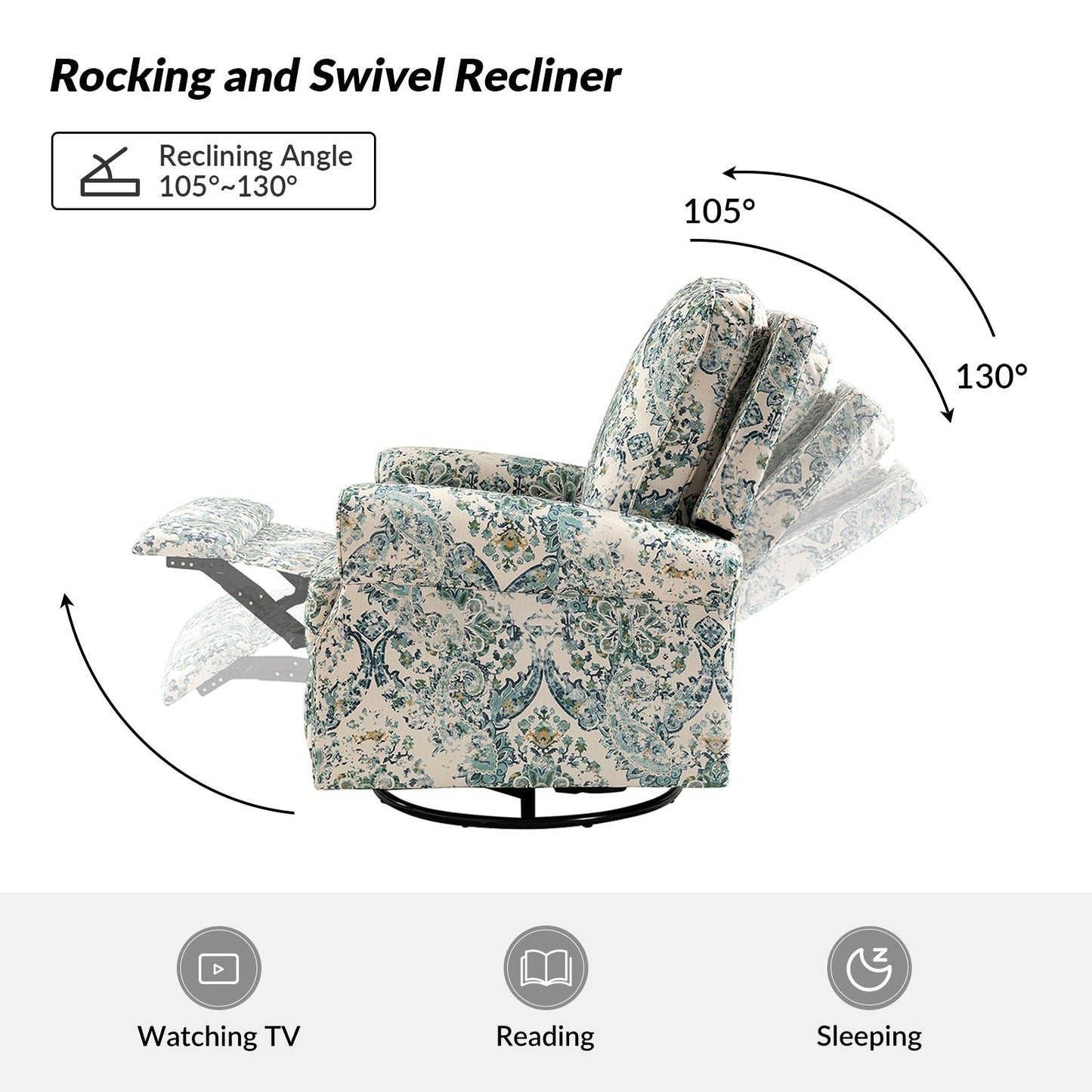 Roderich Farmhouse Floral Print Swivel Rocker Recliner with Rolled Arms by HULALA HOME