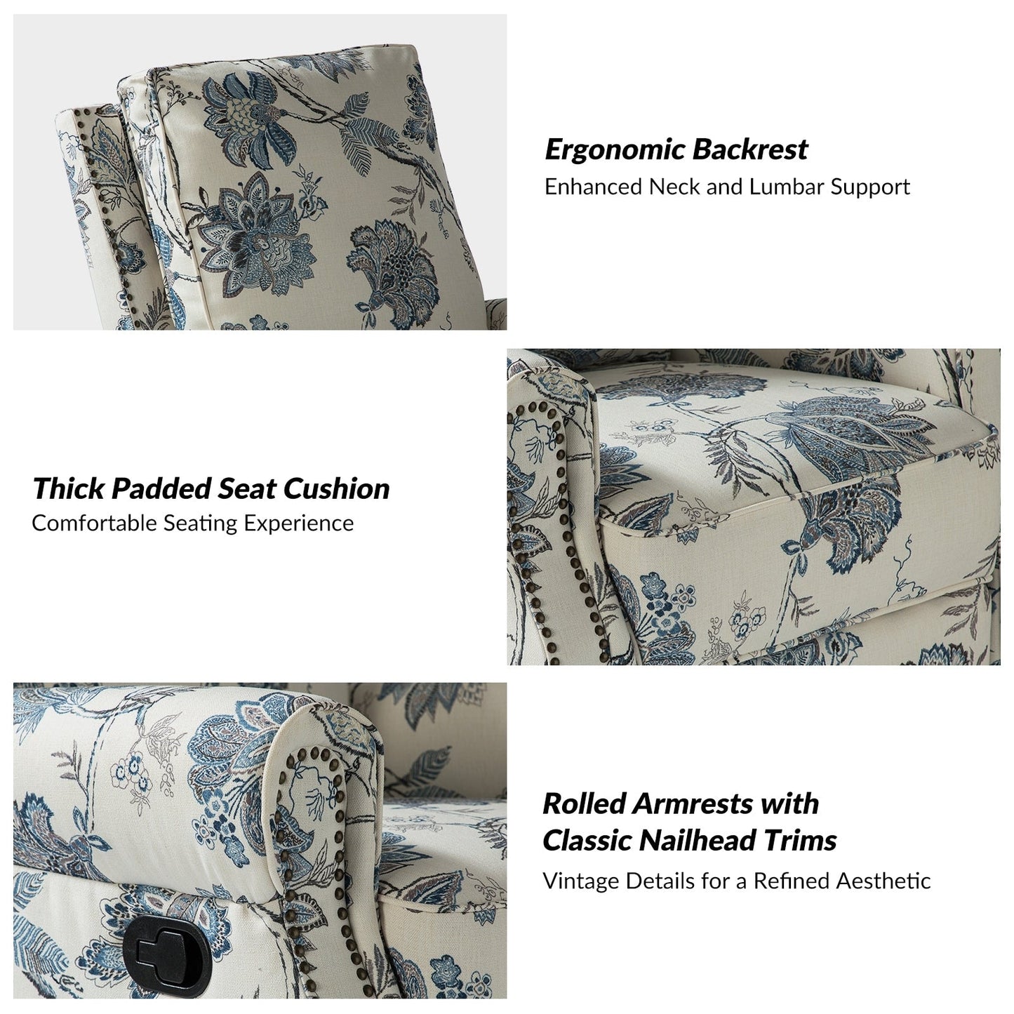 Roderich Farmhouse Floral Print Swivel Rocker Recliner with Rolled Arms by HULALA HOME