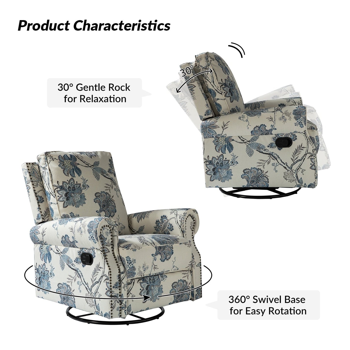 Roderich Farmhouse Floral Print Swivel Rocker Recliner with Rolled Arms by HULALA HOME