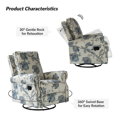 Roderich Farmhouse Floral Print Swivel Rocker Recliner with Rolled Arms by HULALA HOME
