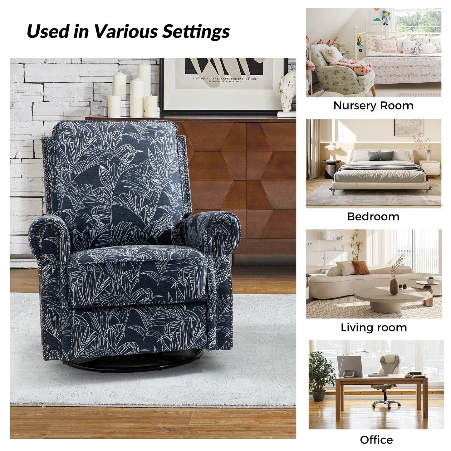 Roderich Farmhouse Floral Print Swivel Rocker Recliner with Rolled Arms by HULALA HOME