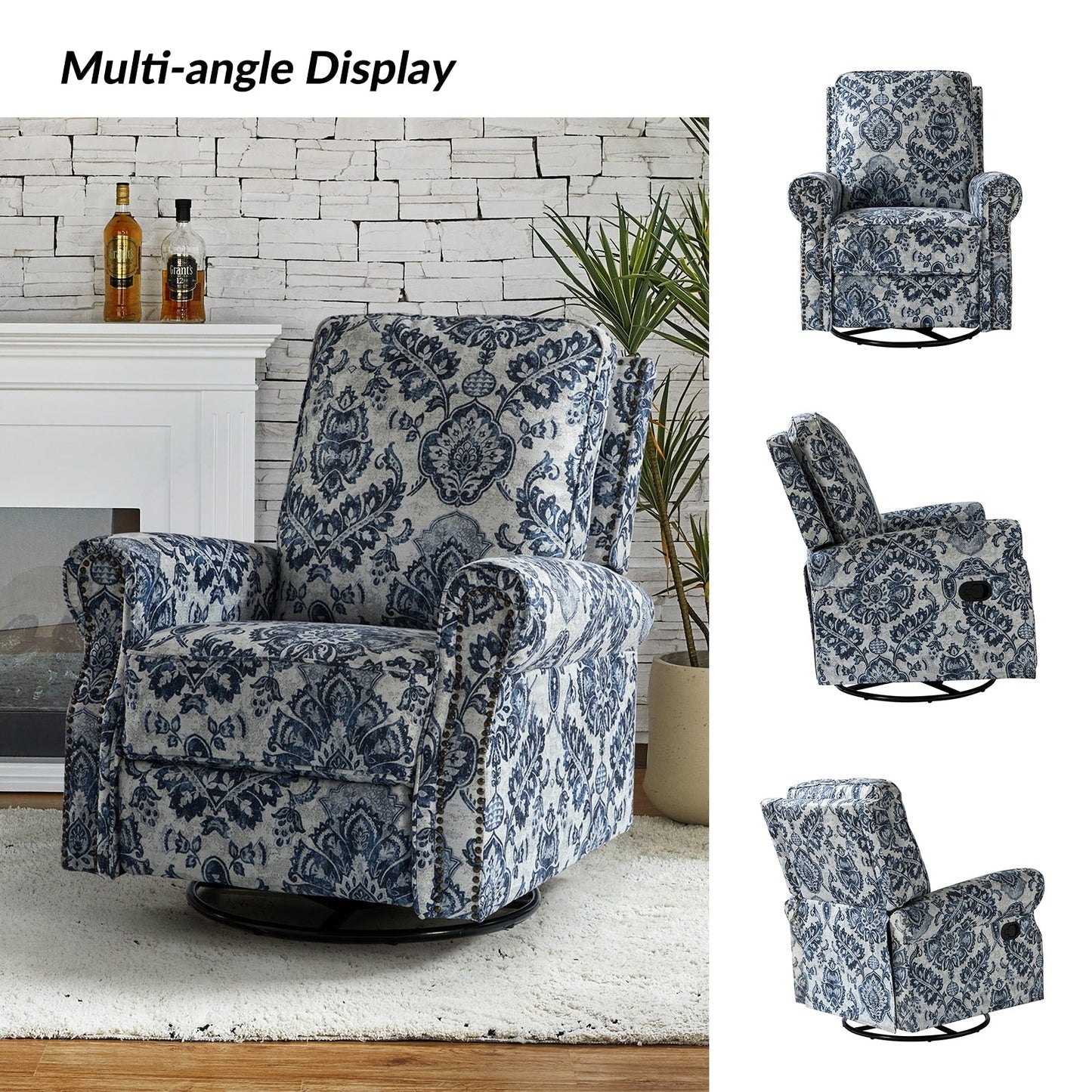 Roderich Farmhouse Floral Print Swivel Rocker Recliner with Rolled Arms by HULALA HOME