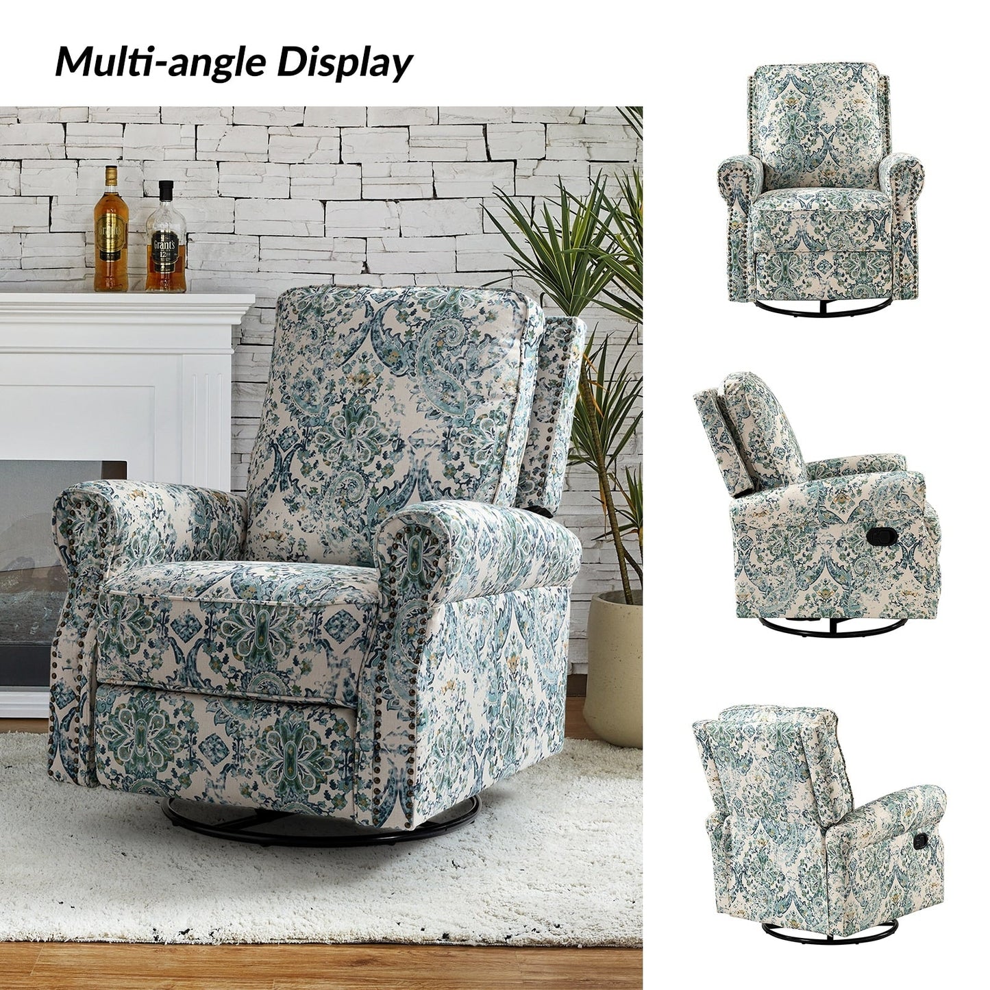 Roderich Farmhouse Floral Print Swivel Rocker Recliner with Rolled Arms by HULALA HOME