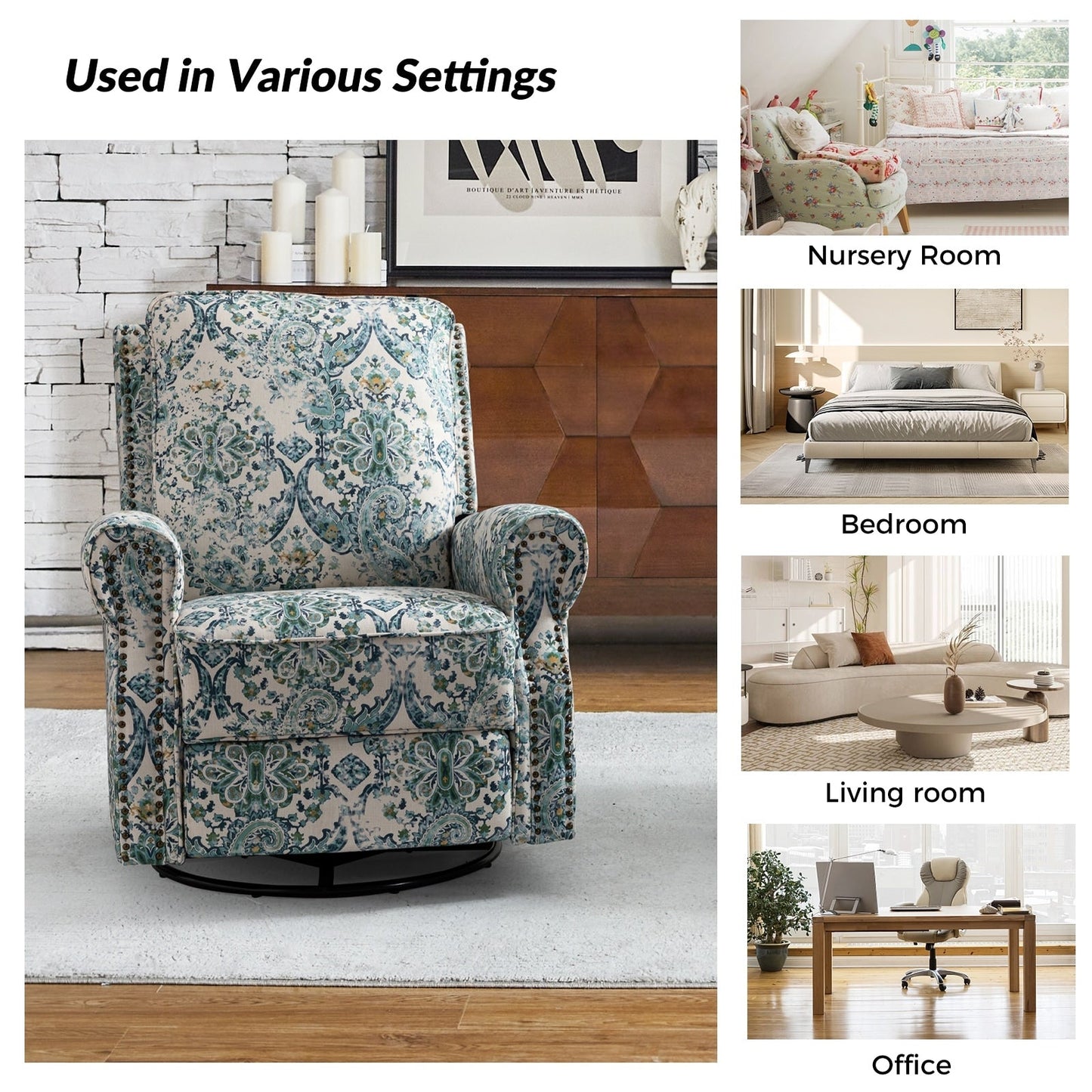 Roderich Farmhouse Floral Print Swivel Rocker Recliner with Rolled Arms by HULALA HOME