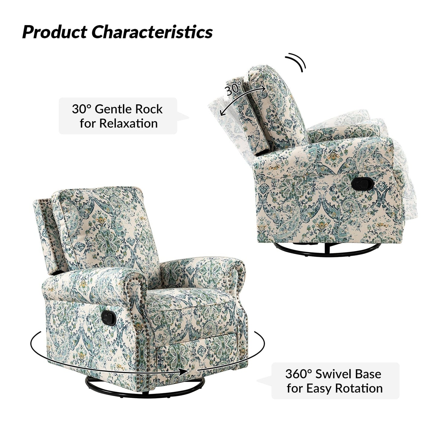 Roderich Farmhouse Floral Print Swivel Rocker Recliner with Rolled Arms by HULALA HOME