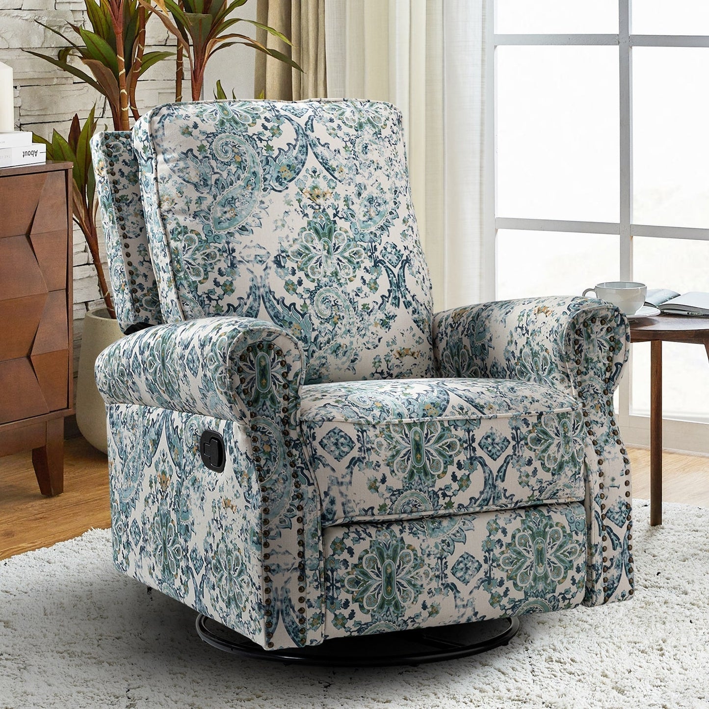 Roderich Farmhouse Floral Print Swivel Rocker Recliner with Rolled Arms by HULALA HOME