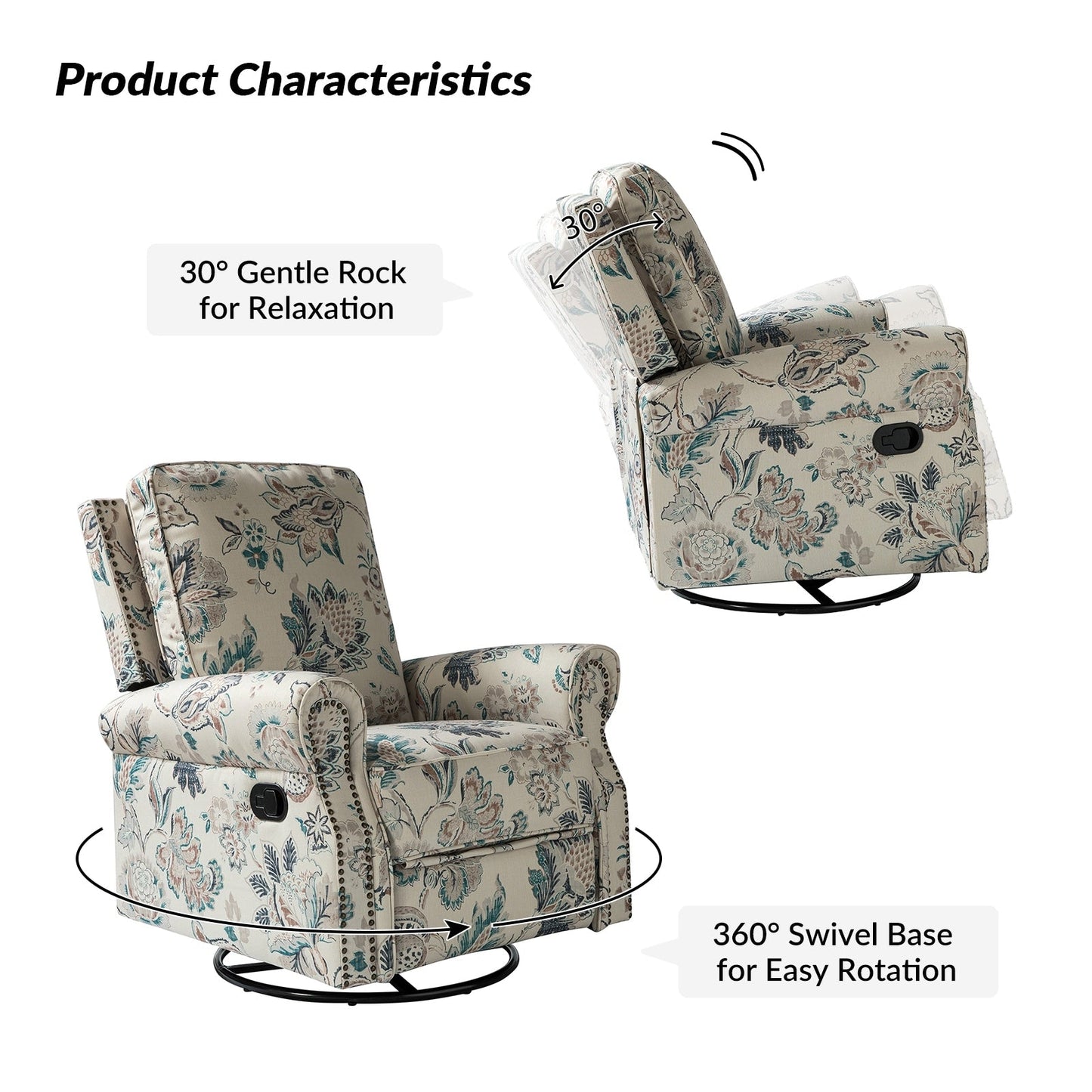 Roderich Farmhouse Floral Print Swivel Rocker Recliner with Rolled Arms by HULALA HOME