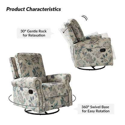 Roderich Farmhouse Floral Print Swivel Rocker Recliner with Rolled Arms by HULALA HOME