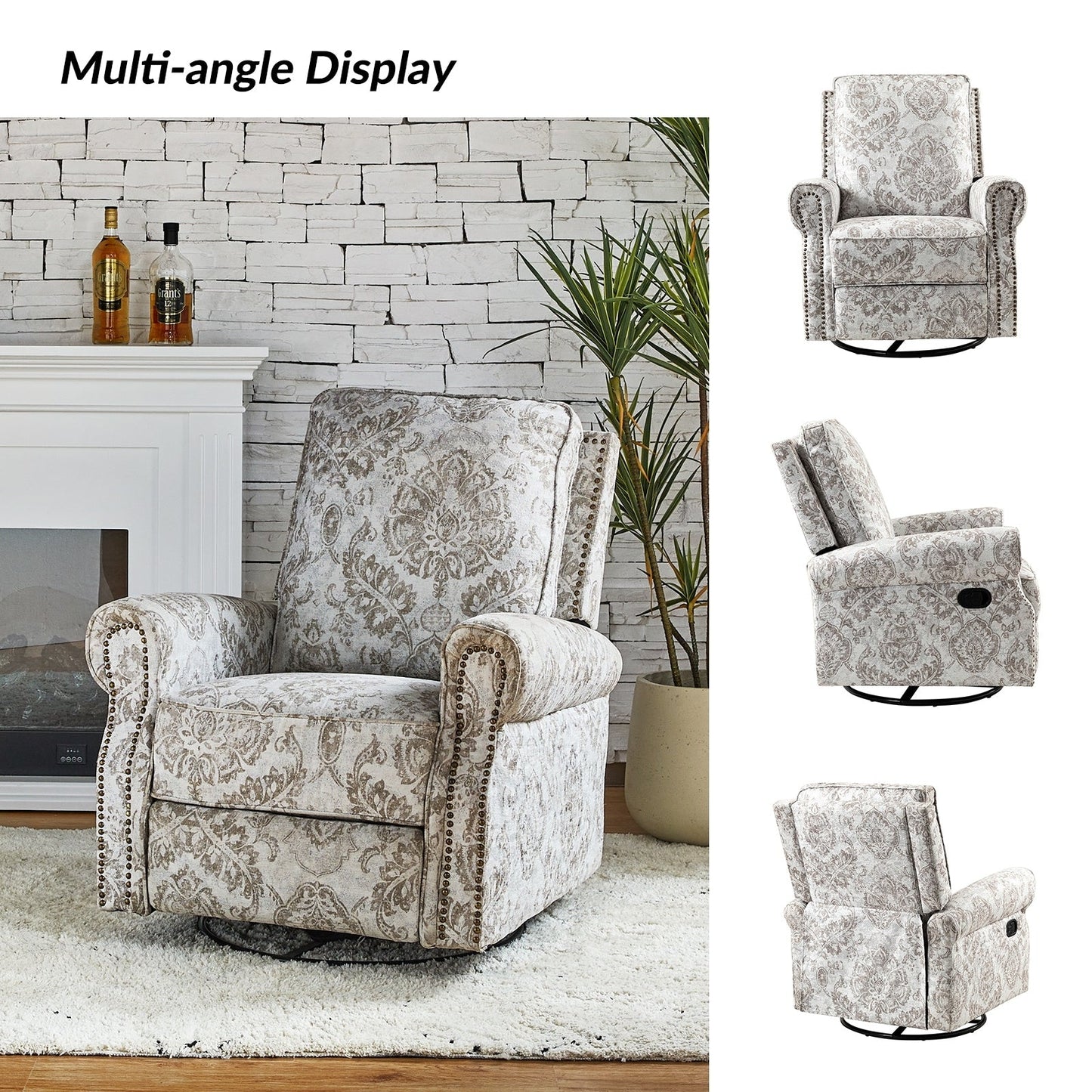 Roderich Farmhouse Floral Print Swivel Rocker Recliner with Rolled Arms by HULALA HOME