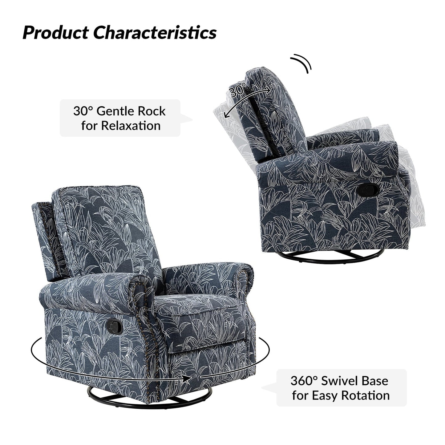 Roderich Farmhouse Floral Print Swivel Rocker Recliner with Rolled Arms by HULALA HOME