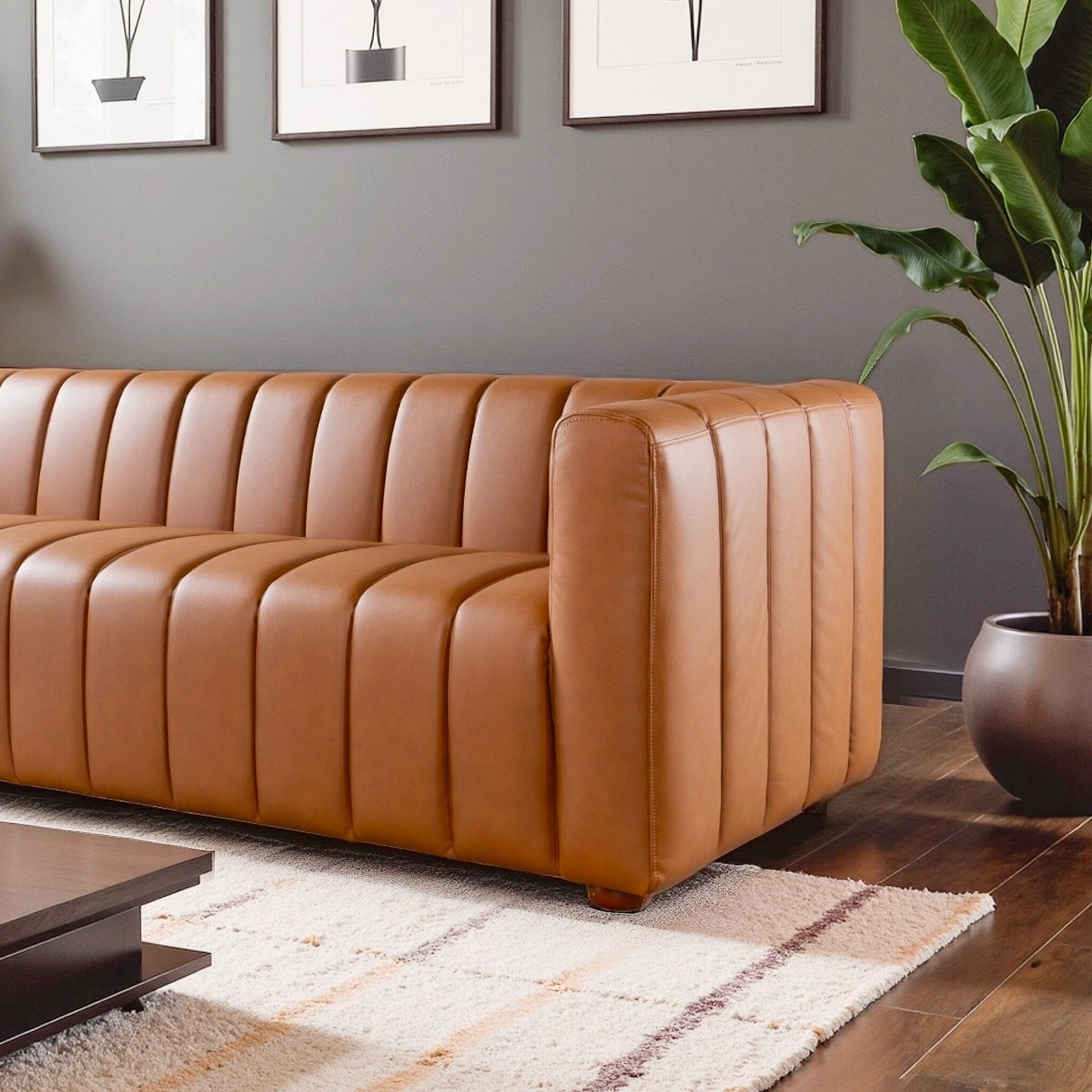 Rolls Mid Century Vegan Leather Couch in Cognac Color