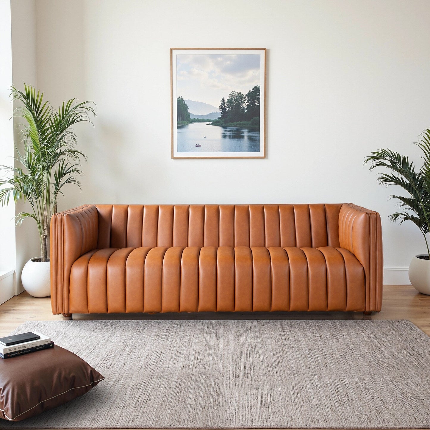 Rolls Mid Century Vegan Leather Couch in Cognac Color