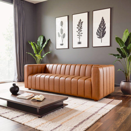 Rolls Mid Century Vegan Leather Couch in Cognac Color