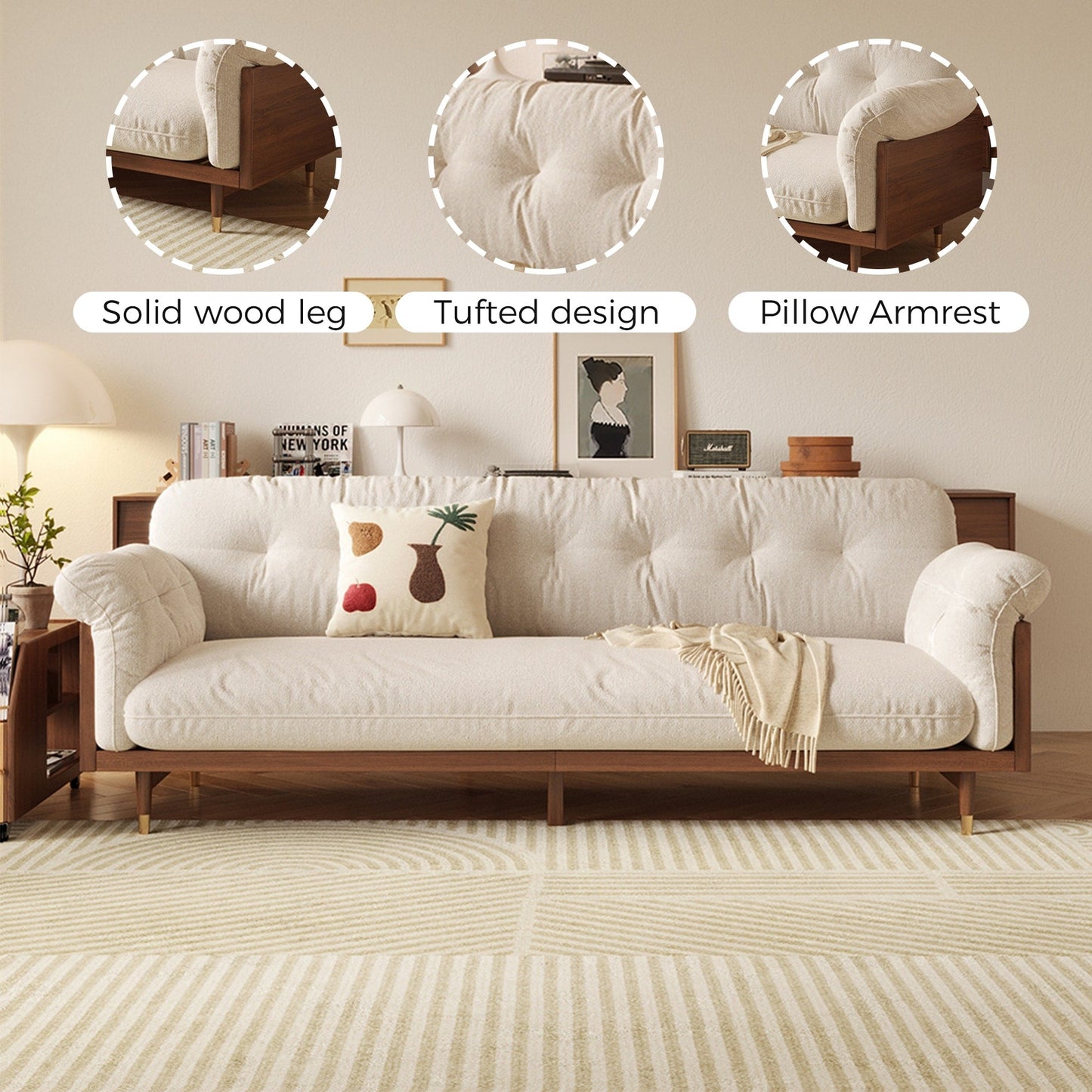 Romision Flared Arm linen Fabrics Three-Seater Rectangle Sofa in Beige