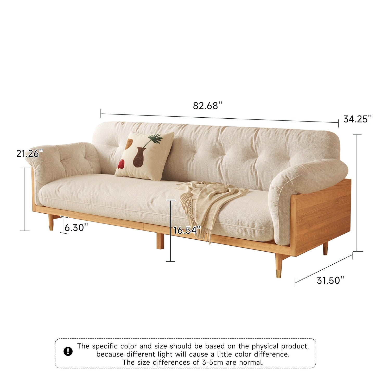 Romision Flared Arm linen Fabrics Three-Seater Rectangle Sofa in Beige