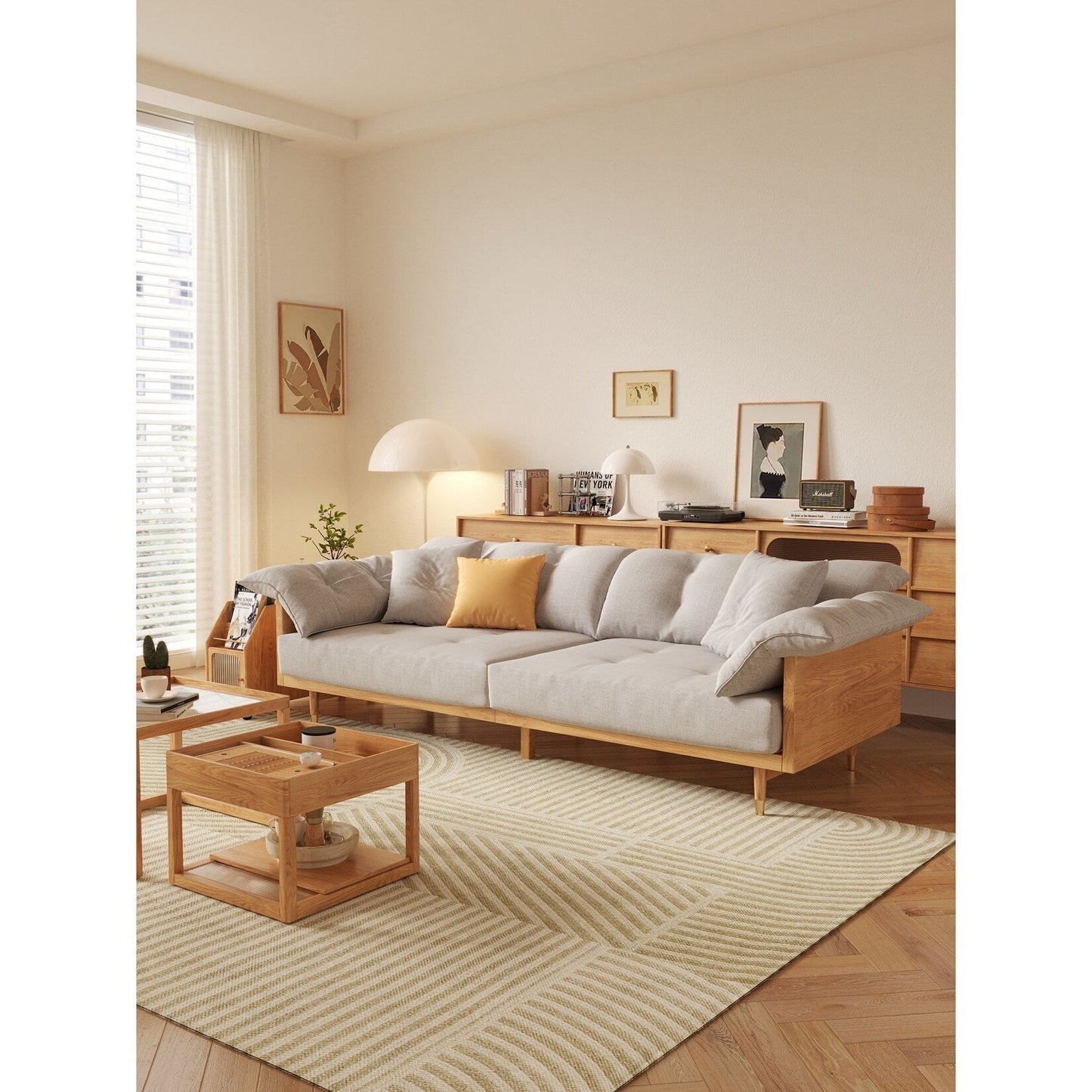 Romision Linen Fabrics Three-Seater Rectangle Sofa
