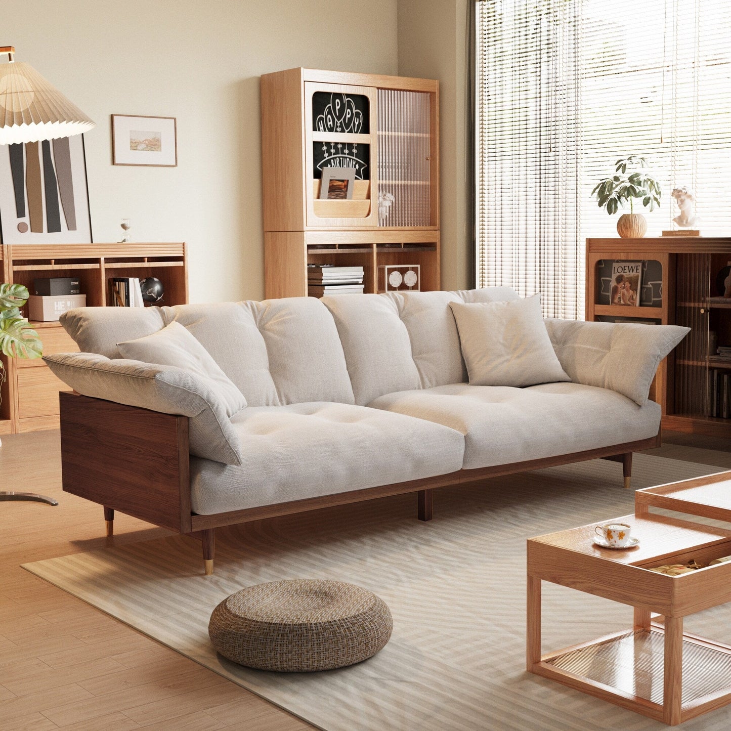 Romision Linen Fabrics Three-Seater Rectangle Sofa