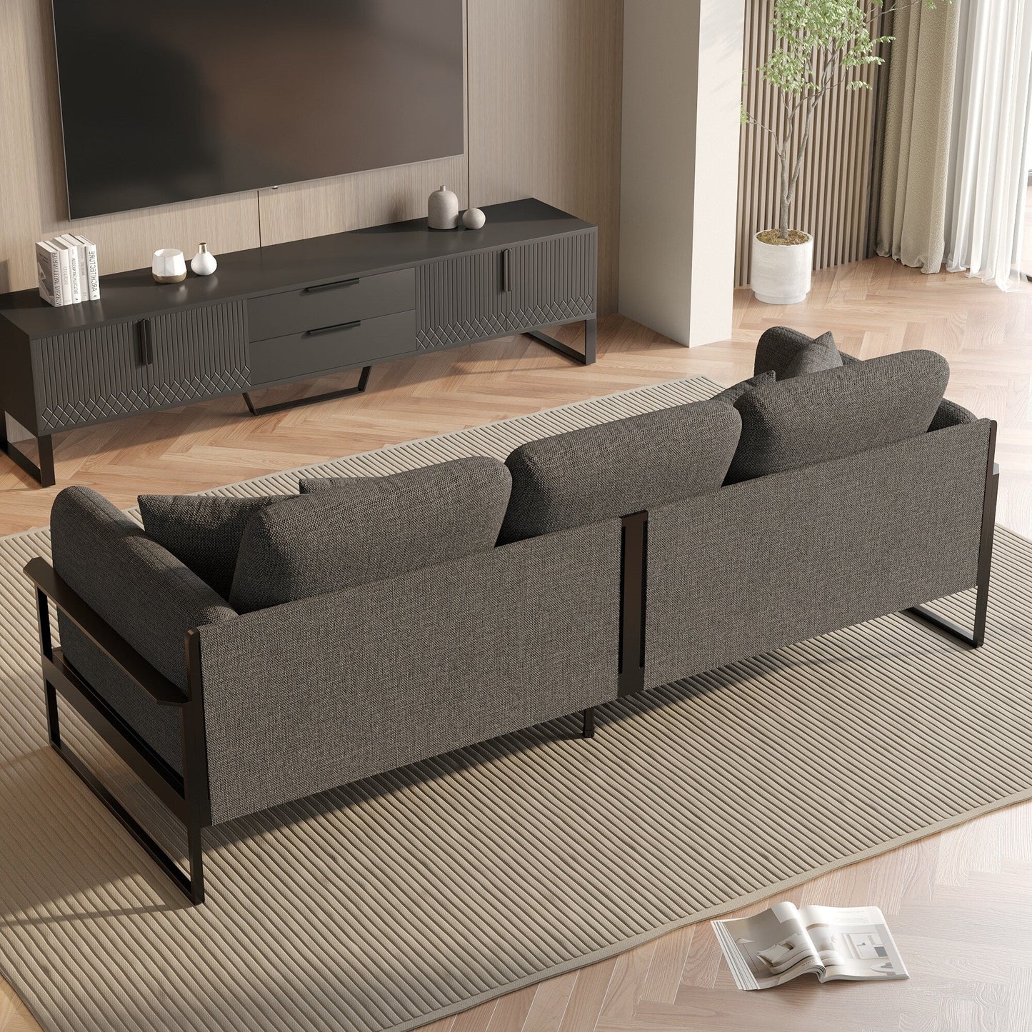Romision Linen Rectangle Three-seater Sofa