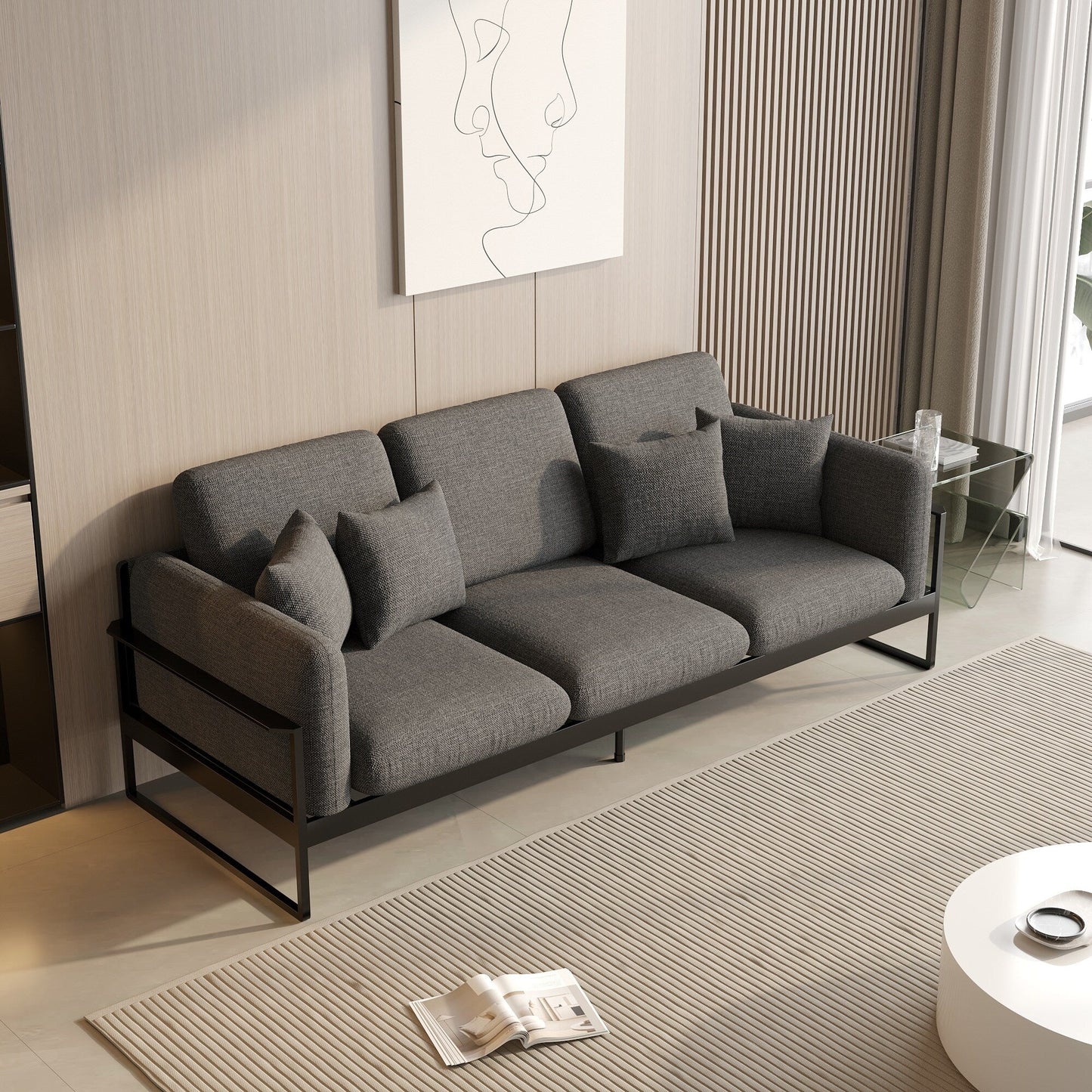 Romision Linen Rectangle Three-seater Sofa
