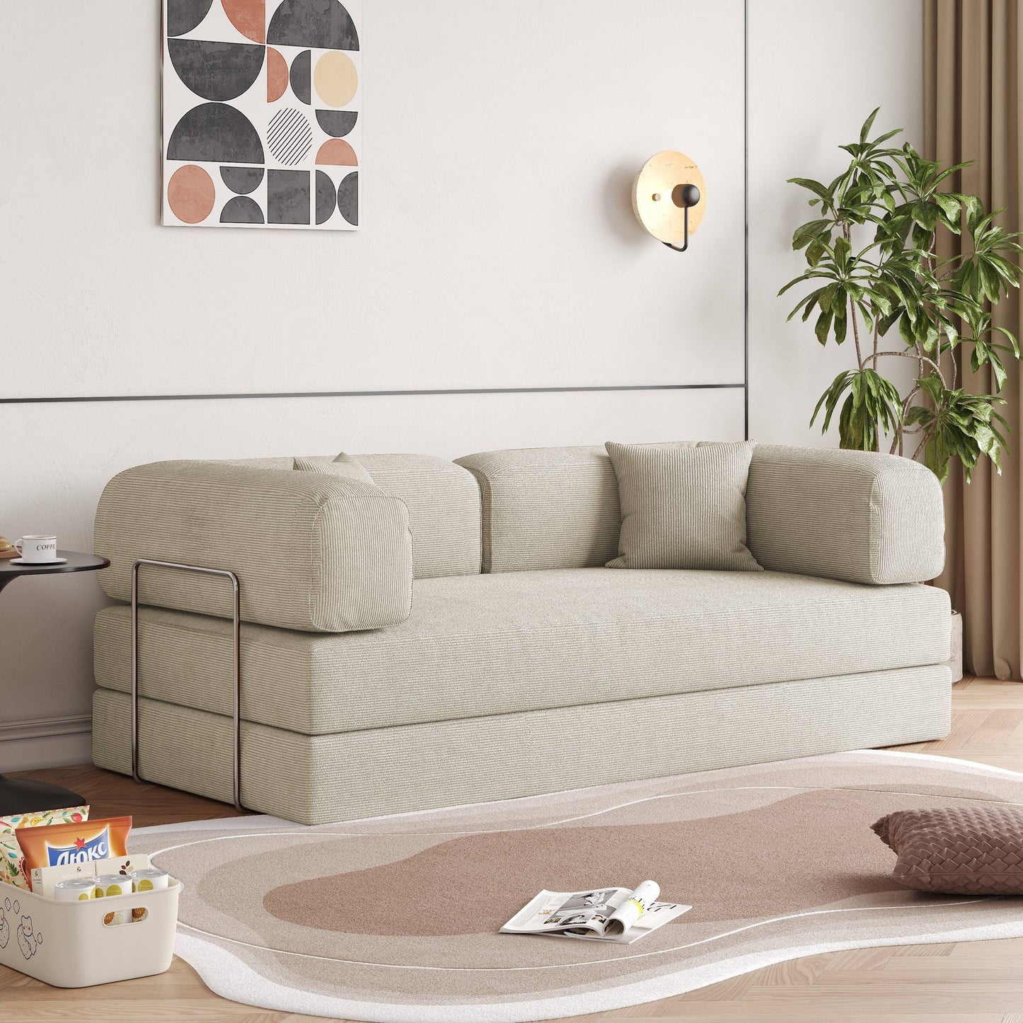 Romision Round Arm Corduroy Fabric Convertible Sleeper Rectangle Sofa