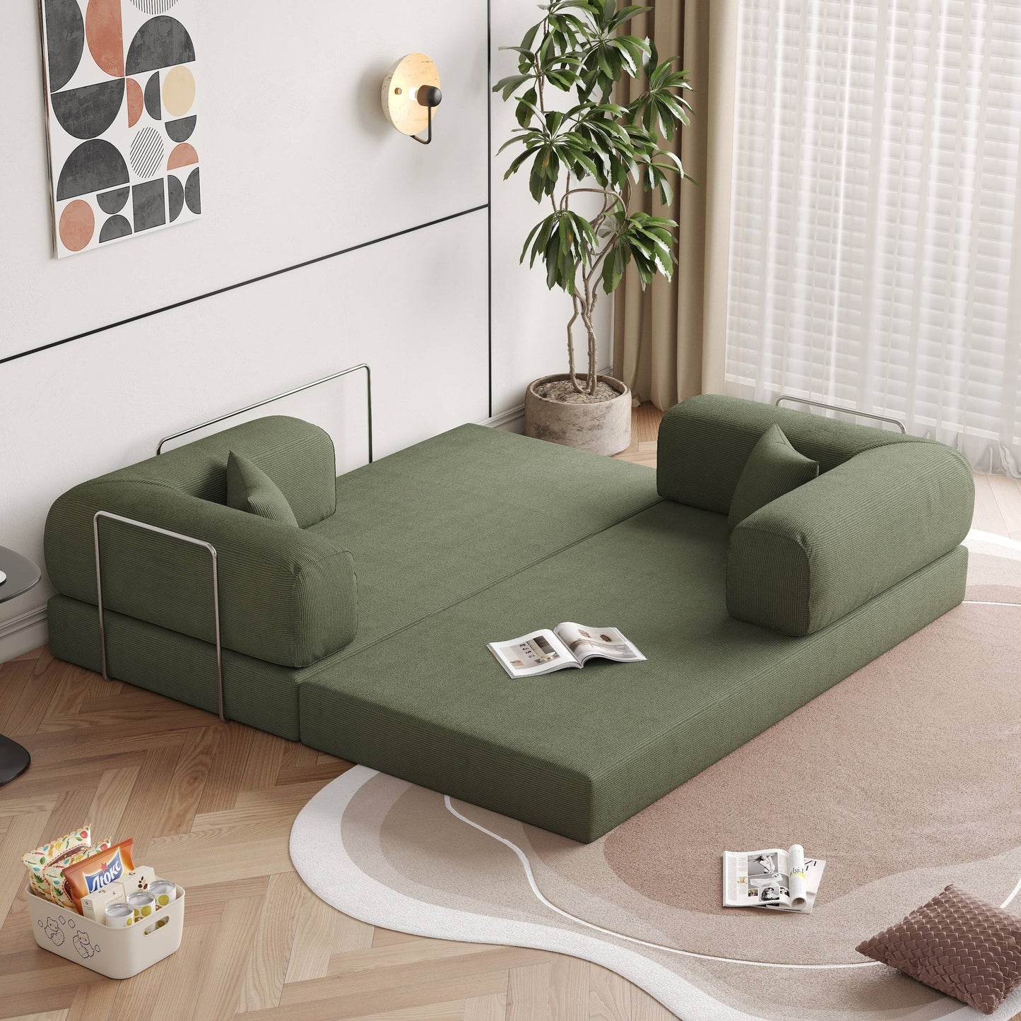 Romision Round Arm Corduroy Fabric Convertible Sleeper Rectangle Sofa
