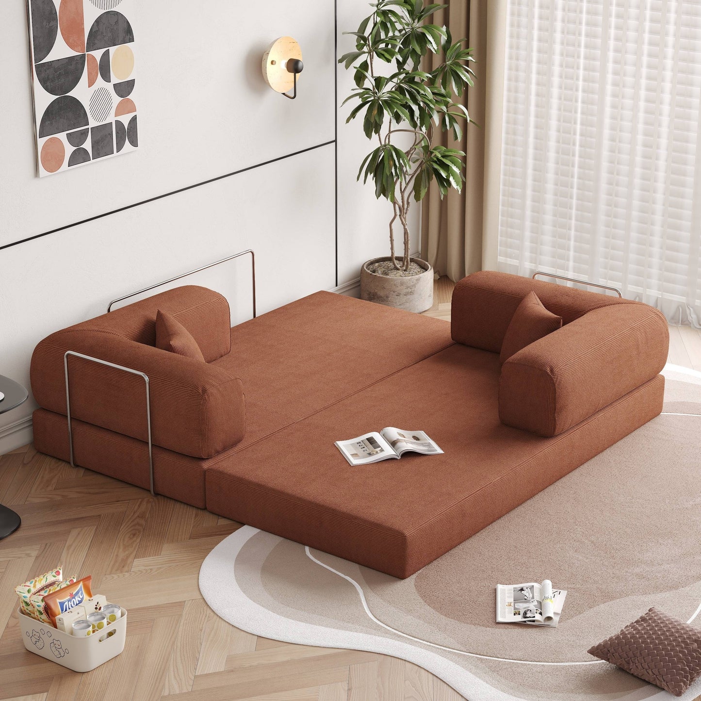 Romision Round Arm Corduroy Fabric Convertible Sleeper Rectangle Sofa