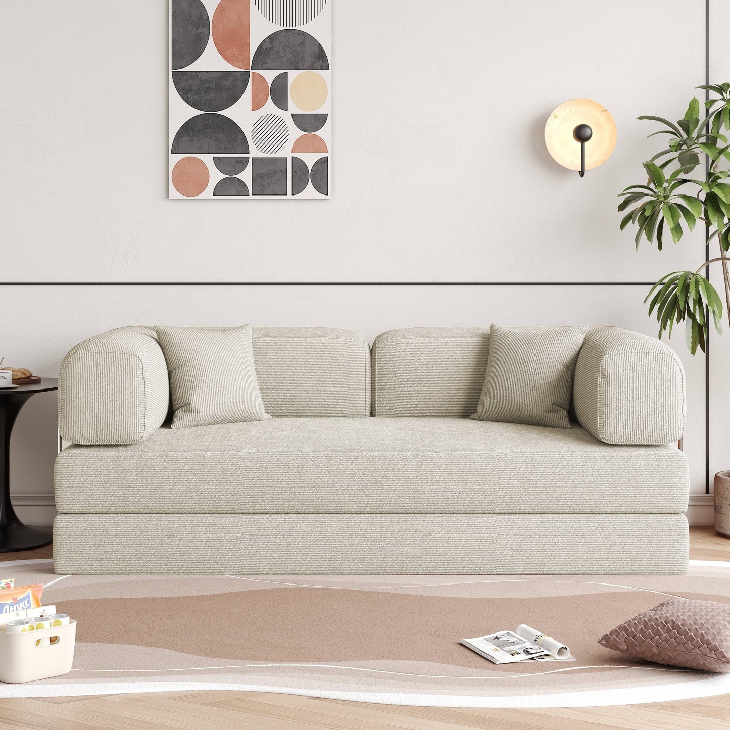 Romision Round Arm Corduroy Fabric Convertible Sleeper Rectangle Sofa