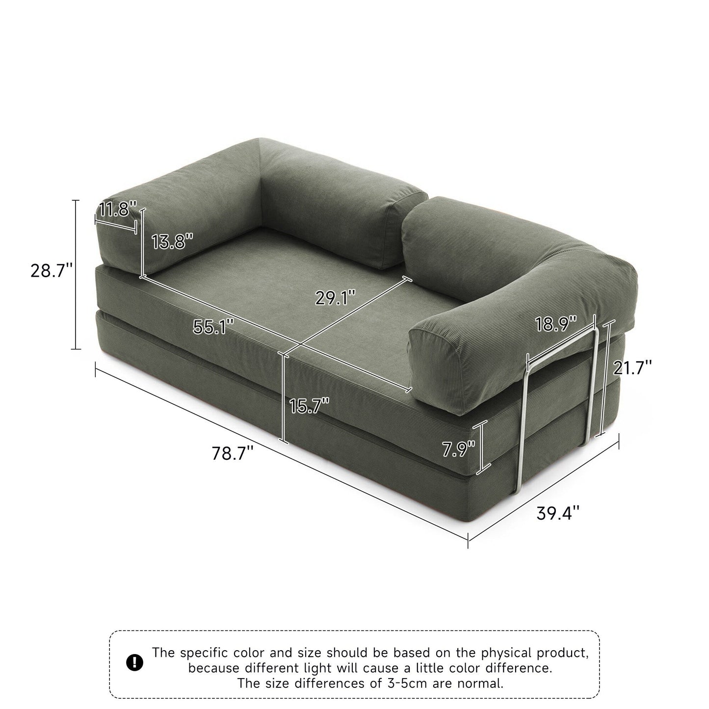 Romision Round Arm Corduroy Fabric Convertible Sleeper Rectangle Sofa