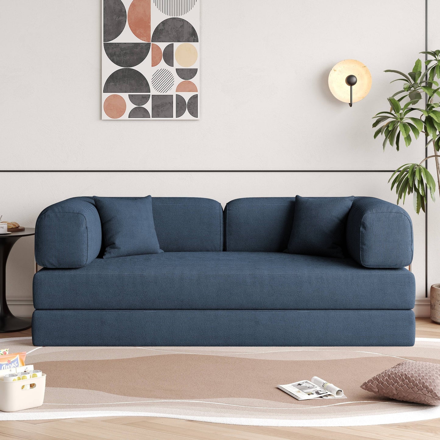 Romision Round Arm Corduroy Fabric Convertible Sleeper Rectangle Sofa