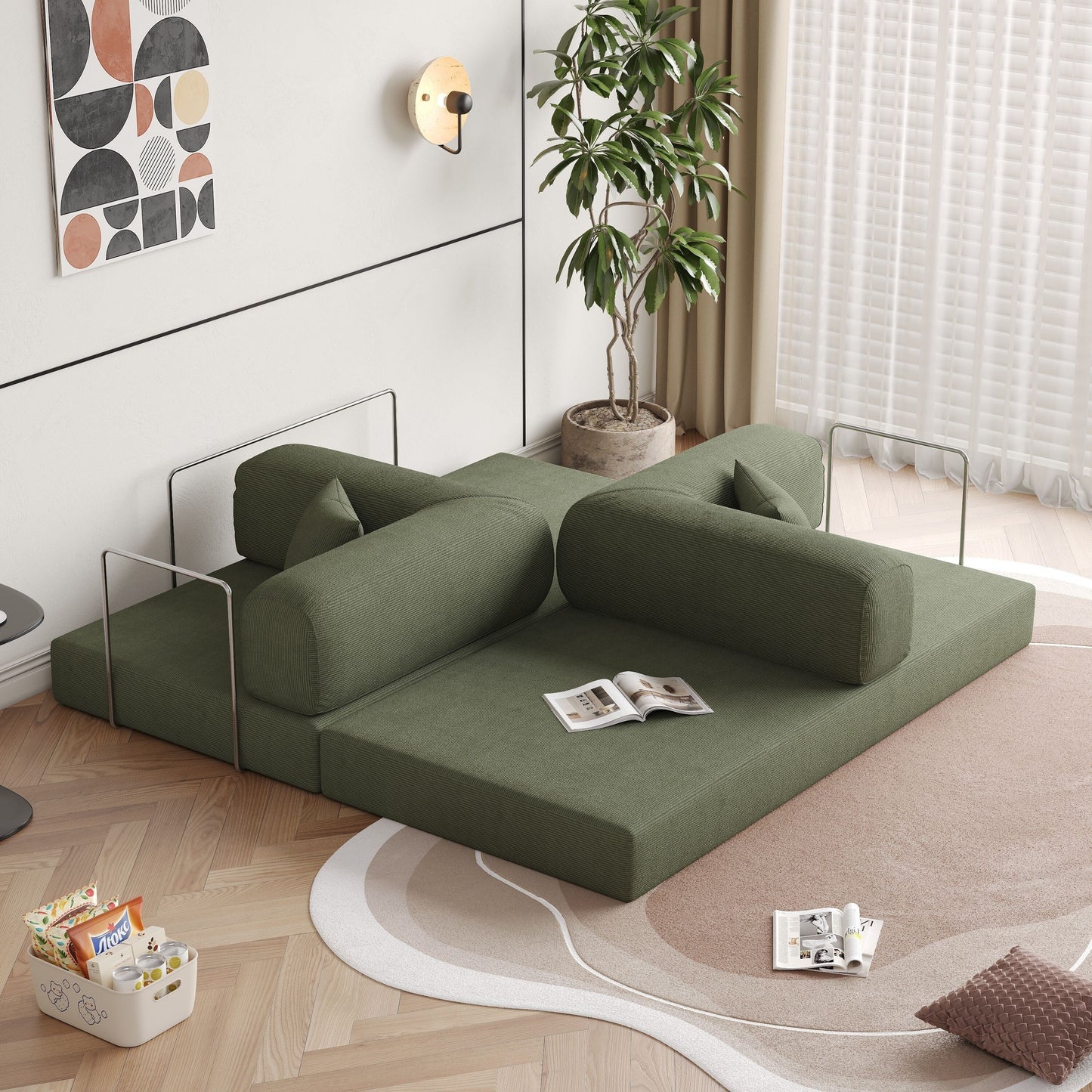 Romision Round Arm Corduroy Fabric Convertible Sleeper Rectangle Sofa