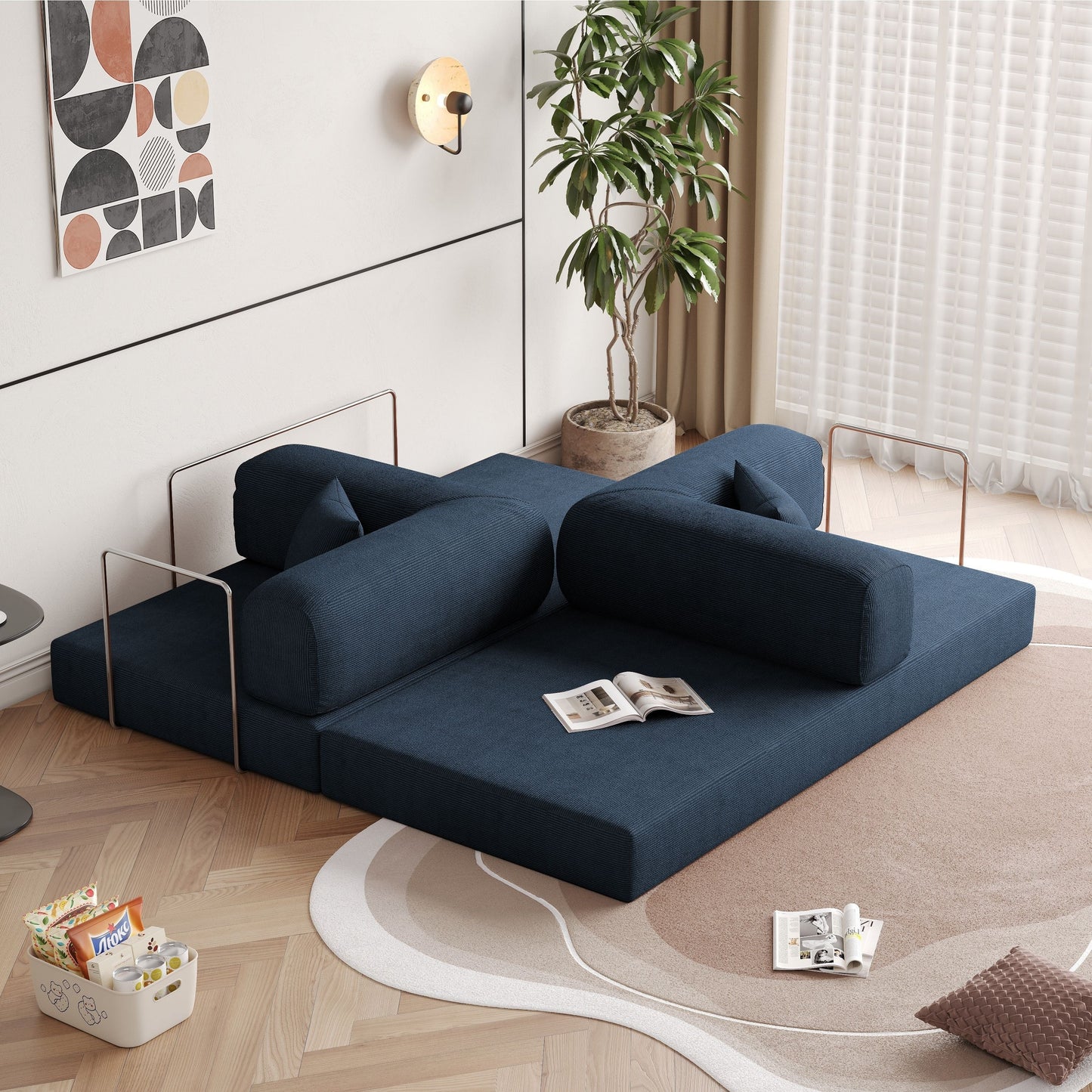 Romision Round Arm Corduroy Fabric Convertible Sleeper Rectangle Sofa