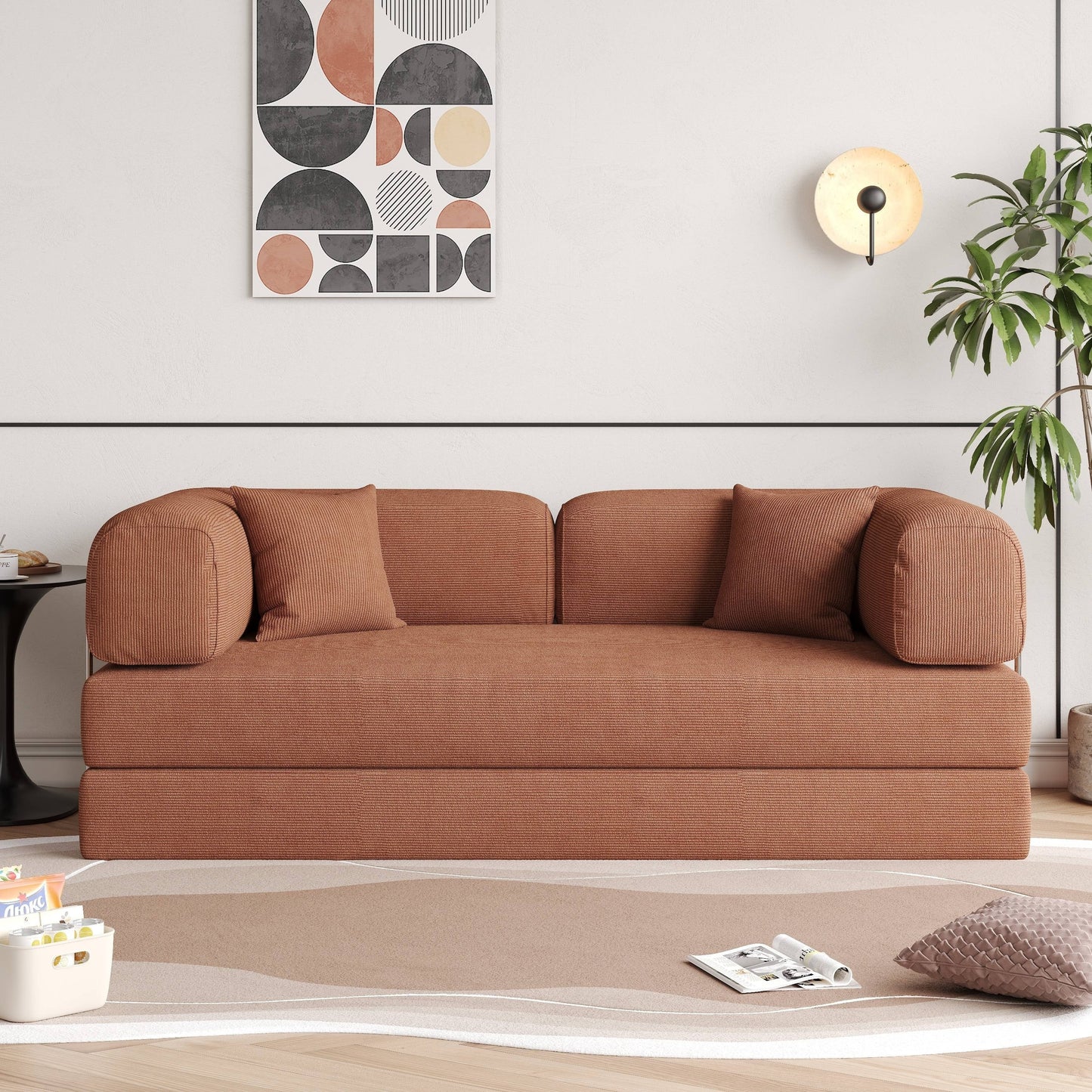 Romision Round Arm Corduroy Fabric Convertible Sleeper Rectangle Sofa