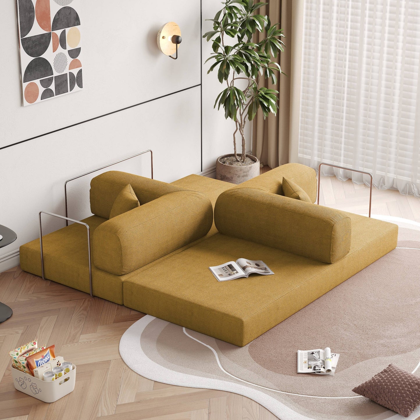 Romision Round Arm Corduroy Fabric Convertible Sleeper Rectangle Sofa